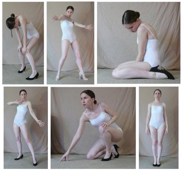 the image shows a collage of six different fullbody poses of a caucasian woman wearing a white leotard and black heels. she is in a studio setting with a tan background. her poses include standing with her arms outstretched, bending over with her hands on her knees, sitting on the floor, kneeling with one arm extended, and standing straight with her arms at her sides. some poses have her barefoot. she has a serious expression in all poses.