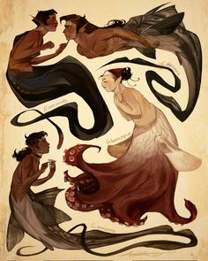 the image showcases four merfolk figures in varying poses. there are two mermen depicted at the top engaging in what seems to be a conversation. the third figure is a mermaid with red hair, positioned sideways. the fourth and final figure, a mermaid, takes center stage with flowing octopuslike tentacles. the art style leans towards a sketched, illustrative feel with a muted color palette, hinting at an underwater setting.