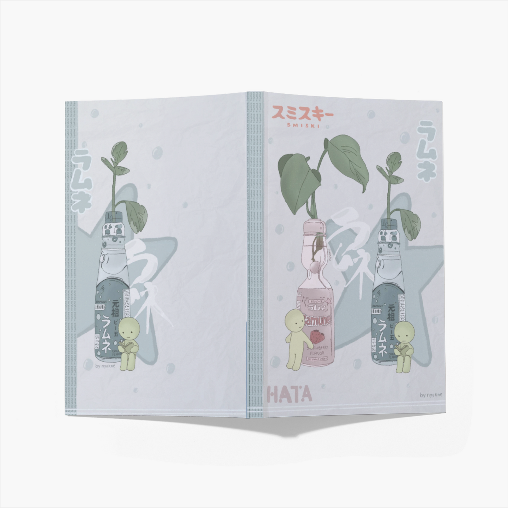 the image shows a folded notebook or sketchbook. the cover is a soft pastel illustration with two ramune bottles, each with a small plant growing out of the top. the plants appear to be pothos.  small, cute, pastelcolored characters are positioned next to each bottle. the background has a pale blue/grey tone with a star shape. japanese text is visible, including "ramune" and artist names "hata" and "shiiski". the overall style is soft, cute, and reminiscent of japanese kawaii aesthetics.