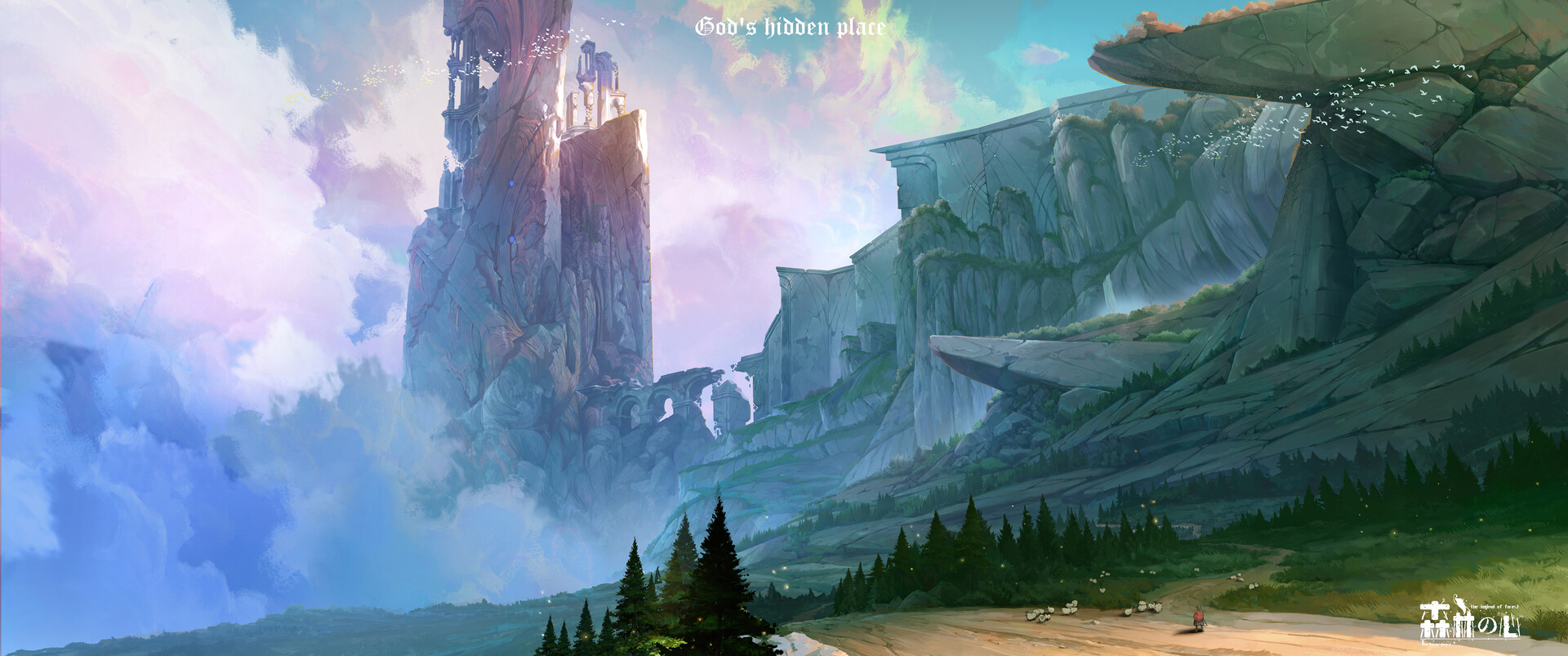 the image shows a towering structure that resembles a castle built upon a series of colossal, floating rocks. the structure is positioned on the left side of the image, with its top portion reaching high into the clouds.  to the right, a massive, layered cliff face dominates the scene.  the cliff is depicted in shades of gray and brown, with visible striations and textures that suggest its age and immensity. a dirt path winds its way through a verdant forest at the base of the cliff.  two individuals can be seen traveling along this path in a carriagelike vehicle.  towering pine trees line the path, their dark green foliage contrasting with the brighter hues of the surrounding landscape. the sky above is a blend of blue and white, with fluffy clouds scattered across its expanse.  the overall atmosphere of the image is one of grandeur and wonder, hinting at a world where magic and adventure are commonplace.