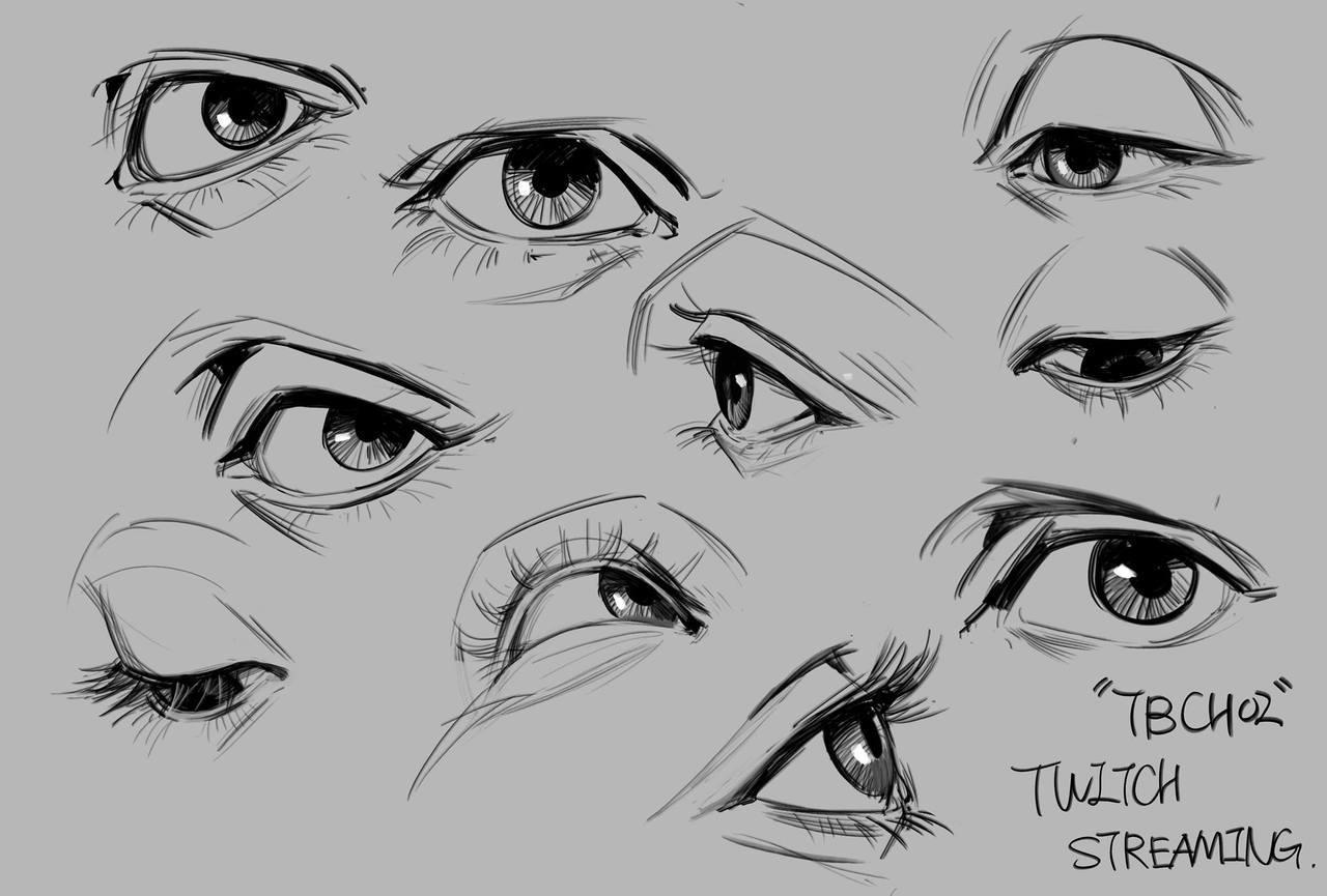 the image displays a collection of detailed pencil sketches of eyes in various styles and angles. some eyes appear more realistic, while others show stylistic elements reminiscent of anime or manga.  the sketches demonstrate different eye shapes, expressions, and the way light might fall on them.  the eyes are rendered with varying levels of detail, showing both subtle shading and bolder lines.  the sketches are arranged somewhat organically across a gray background.  a watermark or artist signature in the bottom right corner reads "tbch02 twitch streaming".  the overall impression is of a study of eyes likely created for artistic practice or educational purposes.
