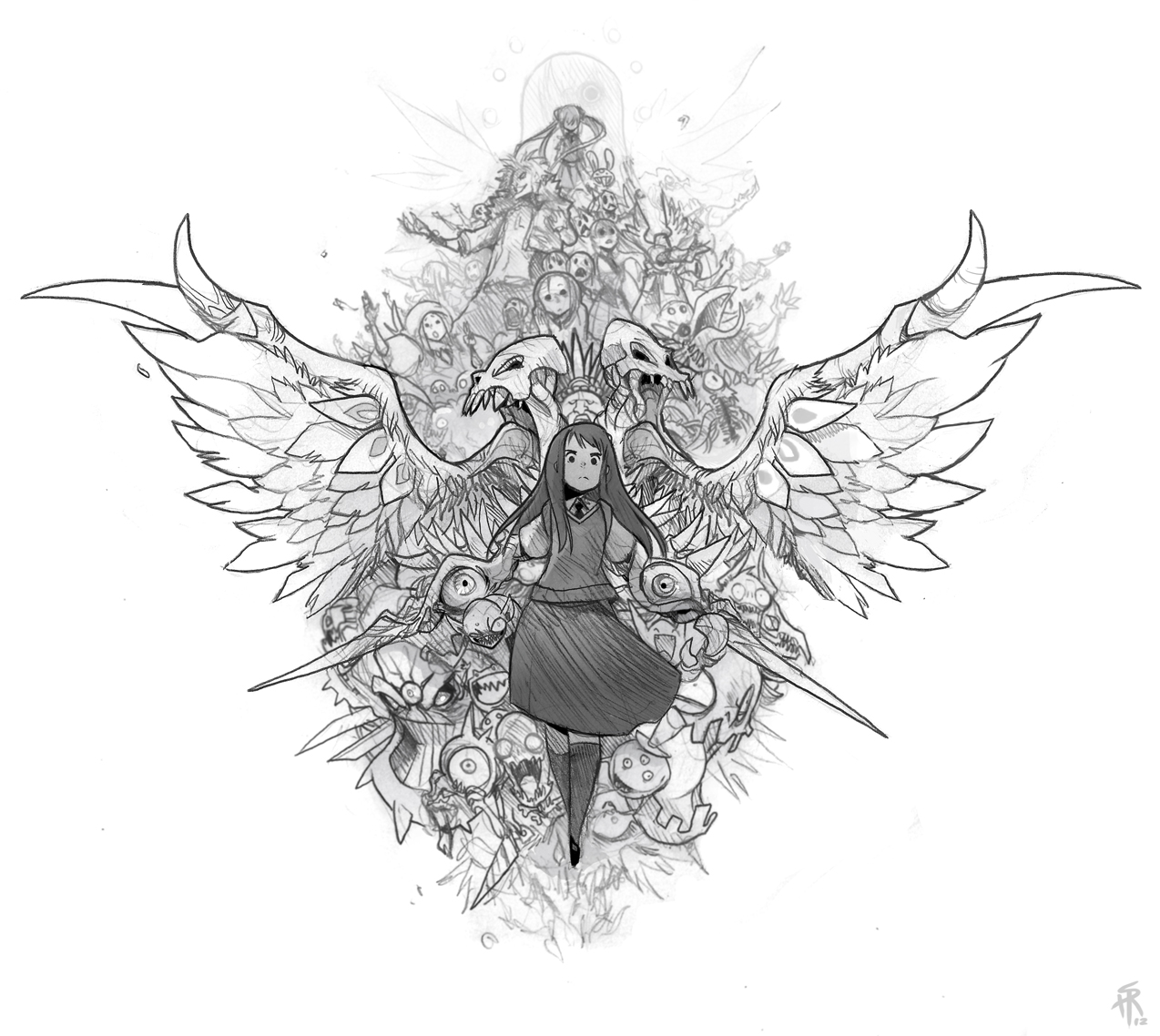 this captivating pencil sketch depicts a young woman at its center, seemingly unfazed and strong amidst a whirlwind of otherworldly creatures and ethereal elements. two massive, feathered wings, adorned with watchful eyes and skeletal structures, sprawl behind her, framing the composition. she stands resolute, clad in a simple dress, her hands grasping the hilts of swords that jut out from the throng of creatures surrounding her. the beings themselves are a grotesque and fascinating array of forms  some monstrous, others skeletal, and some simply strange. they swirl around her, their expressions a mix of awe, fear, and malice. above her, amidst the chaos, other figures appear almost angelic, suggesting a hierarchy within this fantastical world.  the soft lighting and high contrast create a sense of depth and drama, highlighting the girl's central role in this intricate tapestry of good and evil.