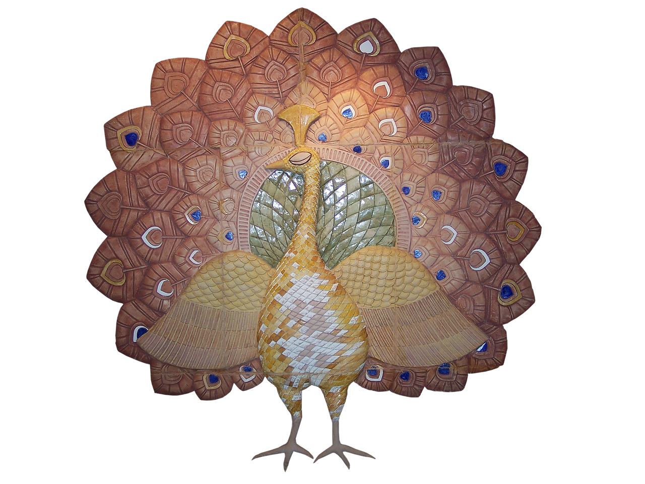 a sculpture of a peacock with its tail feathers spread is set against a black background. the sculpture is predominantly brown and gold in color, with accents of blue and white. the peacock has a long neck, a crest on its head, and textured feathers. the background is plain black, which makes the sculpture stand out. the style of the sculpture is decorative and artistic.