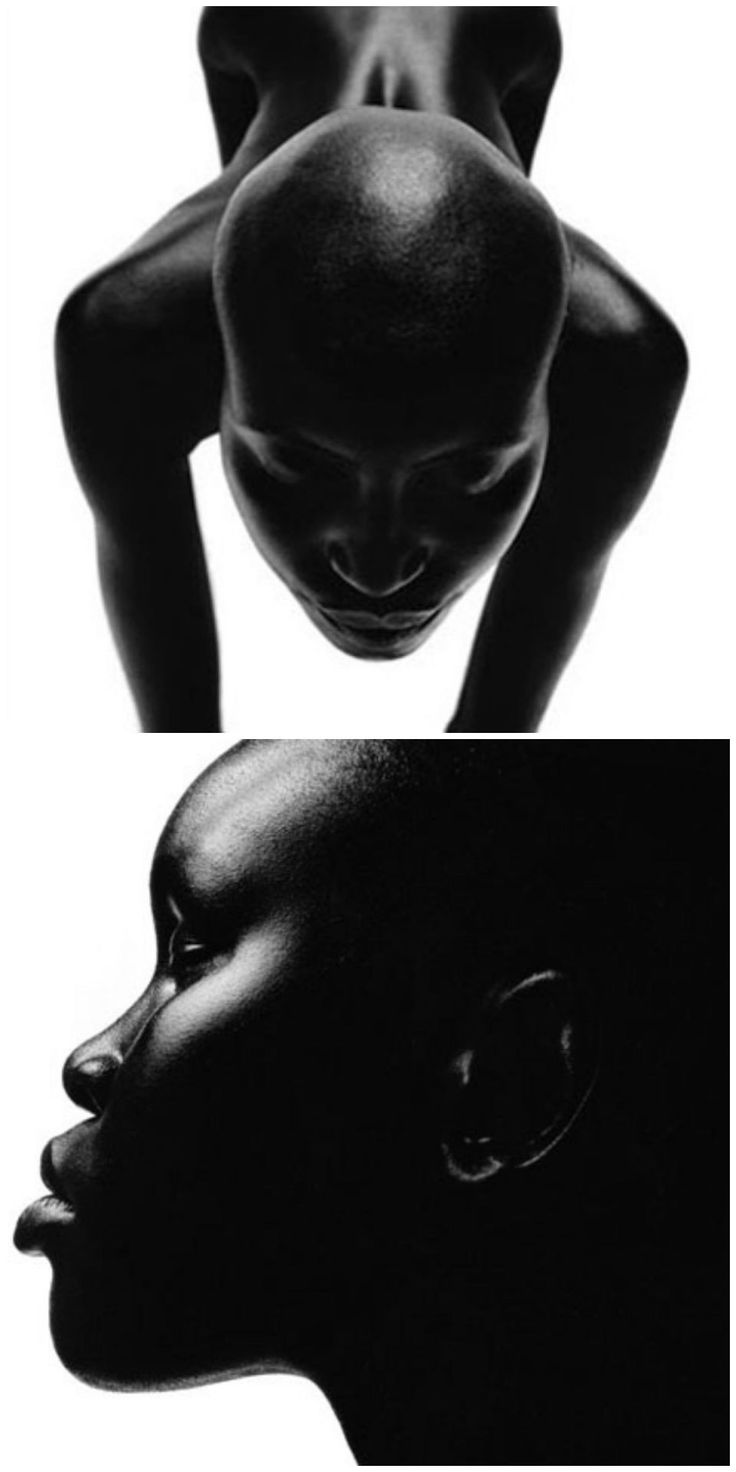 the image is a striking diptych featuring two black and white photographs of a darkskinned woman.  the top image shows the woman from above, her body arched, head bowed down. her skin is smooth and shiny, reflecting light in stark contrast to the deep shadows. she appears bald or very closely cropped. the lower image is a profile view of her face, showcasing its strong features and the play of light and shadow on her skin, similar in style and lighting to the top image. both photographs are minimalist in their composition, emphasizing the subject's form and texture. the overall effect is one of stark beauty and powerful simplicity.