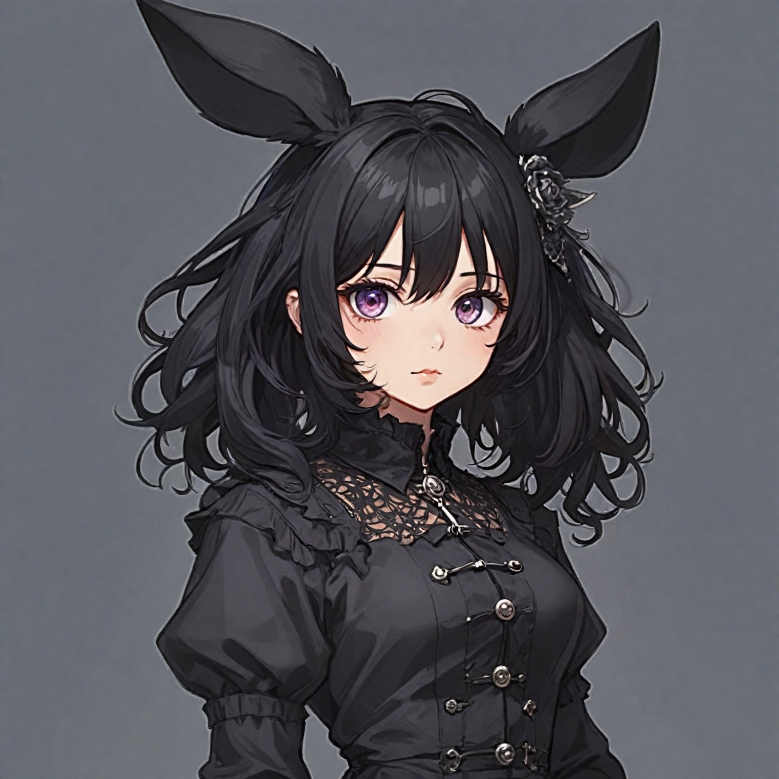 the image depicts a young woman with large, expressive purple eyes and soft features, drawn in an anime style. her black hair is styled in a voluminous, slightly messy bob with long, pointed bunny ears emerging from the top. she wears an elaborate black gothic lolitainspired dress with lace detailing, intricate buttons, and a delicate flower ornament adorning her hair. the background is a neutral gray, drawing focus to the character and her attire. the soft lighting and frontal perspective create an approachable and engaging portrait.
