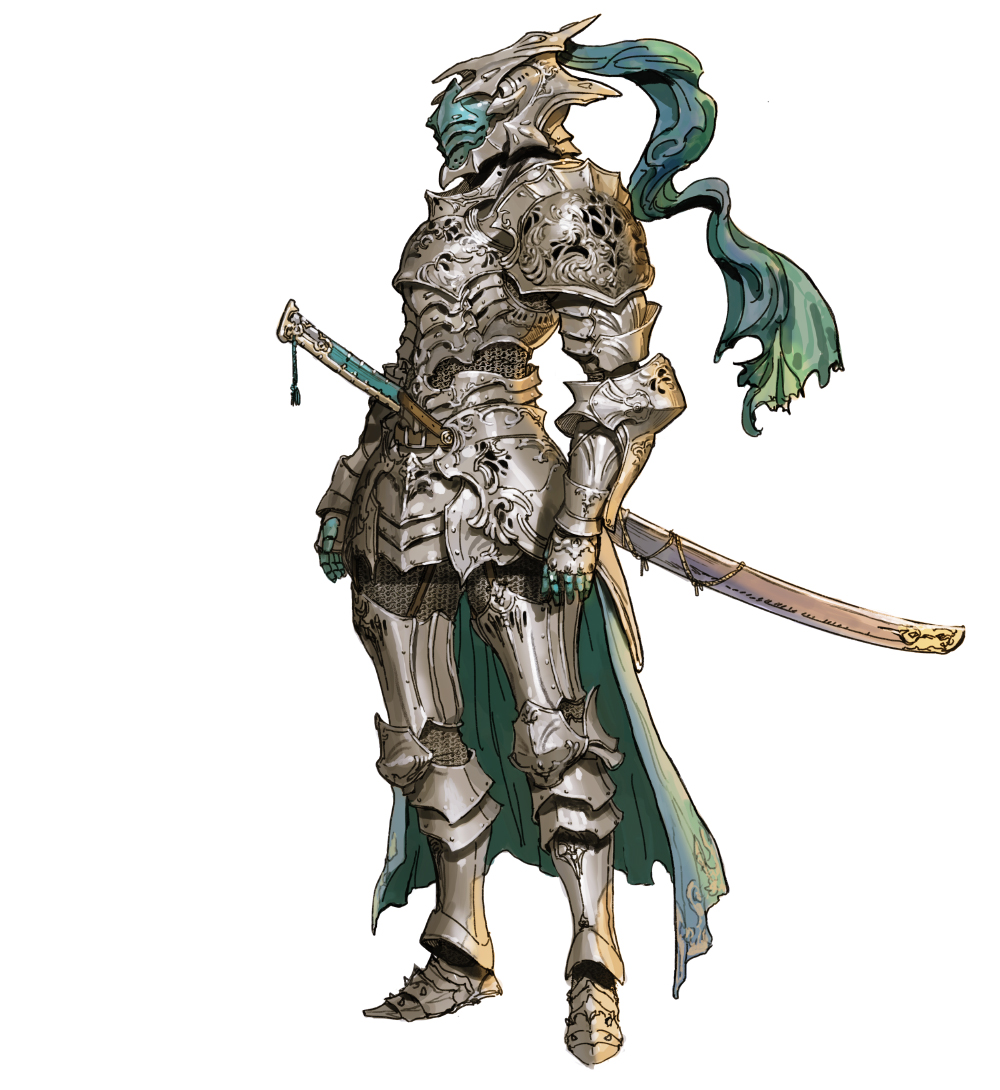 the image is a detailed artwork depicting a fantasy knight or warrior. the figure is clad in elaborate, ornate silver plate armor, featuring intricate designs. the helmet is stylized and partially obscures the face, which seems to have a teal or light blue hue visible through the visor.  the character carries a long, slender sword, likely a katana. a flowing teal and blue cloth drapes from the shoulders, adding a touch of color to the predominantly silver attire. the overall style suggests a fantasy setting, and the detailed rendering suggests the artwork is likely concept art for a game or similar media.  the knight stands in a threequarter view, with a confident pose.