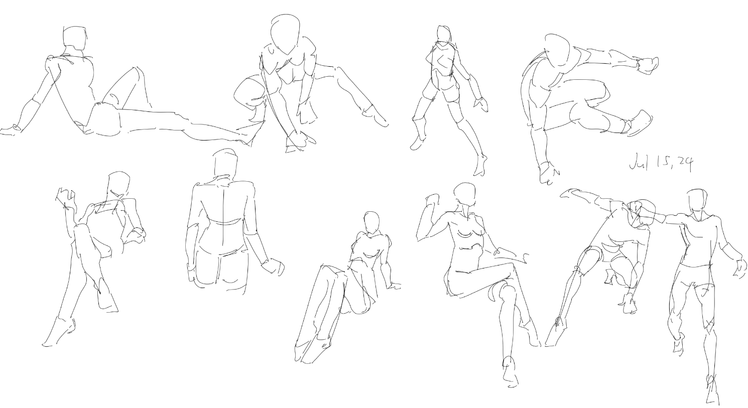 the image shows a series of quick sketches of figures in various dynamic poses.  these appear to be practice drawings focusing on capturing gesture and movement.  all of the figures are rendered in a simple line style with no shading or detail.