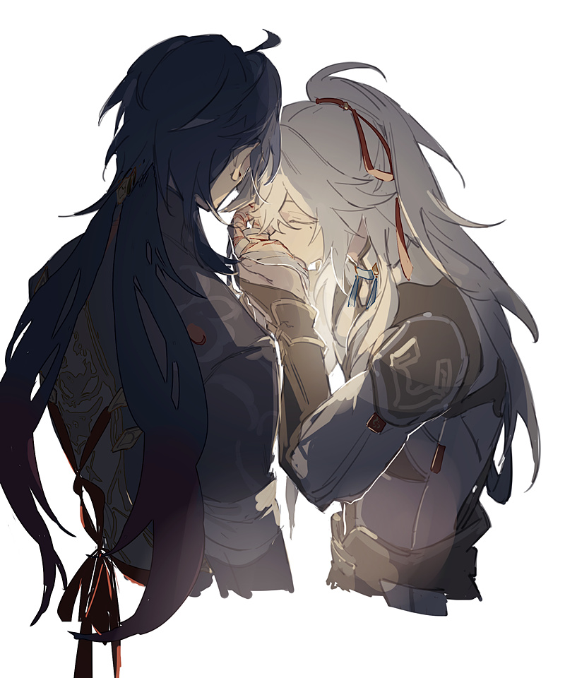 this is a digital illustration of two male anime characters. they are both handsome and have a romantic air about them. the character on the left has black hair and red eyes and the character on the right has white hair and blue eyes. the character on the left is kissing the character on the right's hand. the image is very welldrawn and has a beautiful sense of intimacy. the characters are most likely from the popular game genshin impact, as they are both wearing outfits that resemble characters from the game. their names may be xiao and albedo. this image is likely fan art.