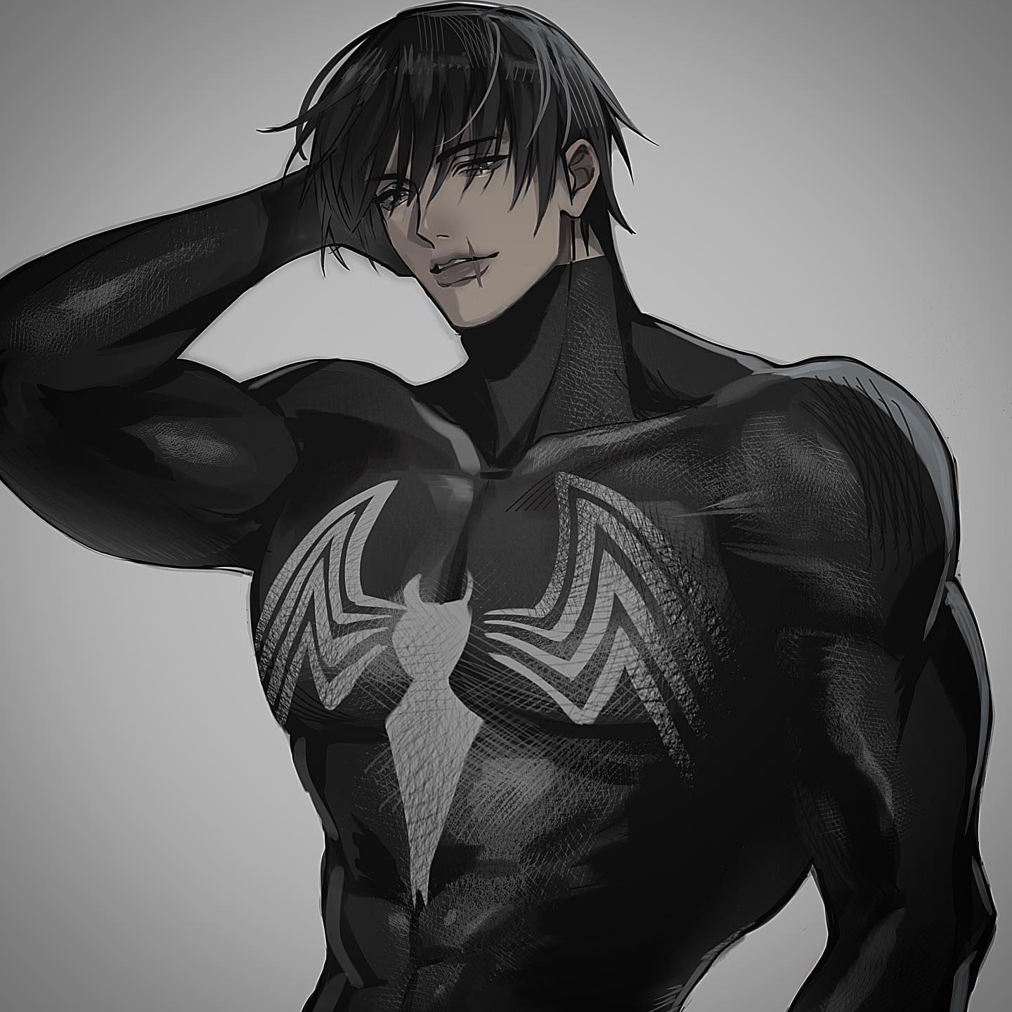 this is a black and white digital illustration of a young anime male character wearing a black and white suit with a spider symbol on the chest, like venom. the character is shown from the chest up and is looking at the viewer. he has a dark expression and a slight smirk. he is posing with his right arm raised above his head.