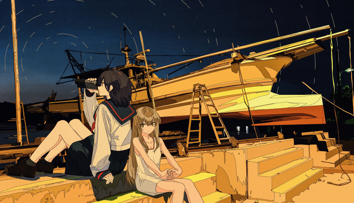 he image is a digital illustration depicting two anime girls sitting on a dock at night. one girl is wearing a sailor uniform and holding what appears to be a bottle, while the other girl is wearing a summer dress. a large yellow boat is visible in the background, resting on supports. the scene is set at night under a starry sky, with a peaceful and calm atmosphere. the art style is stylized, with bold lines and color choices. the overall mood is serene and slightly melancholic.