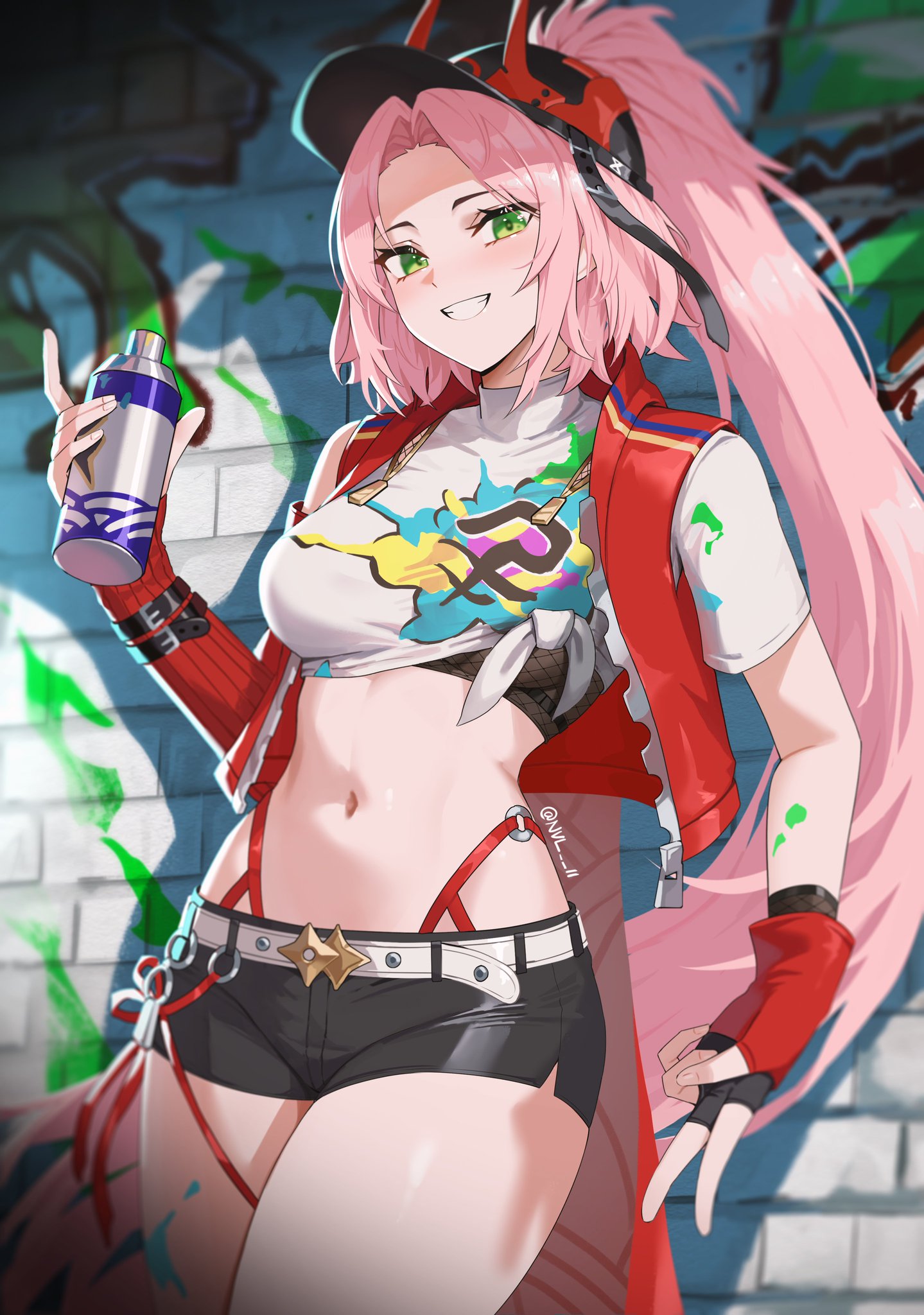 the image is of an anime girl with pink hair and red clothing standing against a brick wall with graffiti. she is smiling and holding a can of spray paint. she is wearing a red jacket, a white shirt, and black shorts. she has a belt with a star on it. she has a confident expression and is looking at the camera.