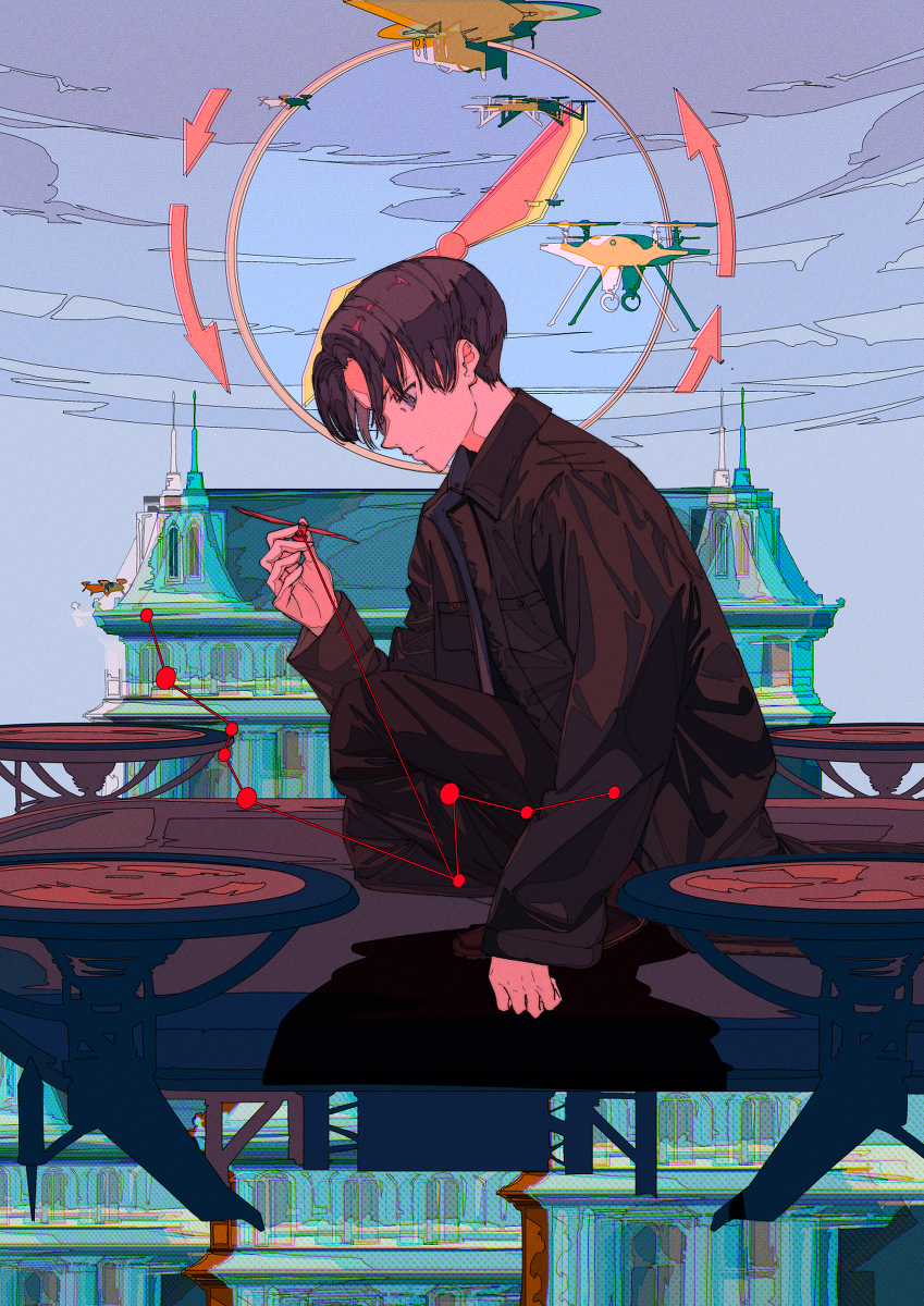 the artwork depicts a young animestyle man with dark hair and clothing sitting on a rooftop in a futuristic, possibly steampunkinspired city. he is meticulously working with thin red lines, seemingly connecting and controlling a network of drones flying in a circular pattern above him. the city's architecture is detailed and intricate, contrasting with the smooth lines of the drones and the man's concentrated expression. the color palette is rich and vibrant, with purples, blues, and oranges creating a moody yet energetic atmosphere.  the image's overall style blends elements of fantasy, technology, and surrealism, suggesting a complex story or concept. the composition is detailed and complex, combining aerial perspectives with closeup views.