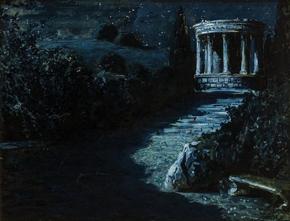 a painting of a temple ruin in a moonlit landscape.  there is a dirt path leading up the hill to the temple in the right half of the painting.  trees on either side of the path are dark and silhouetted against the night sky.  stars dot the sky and clouds cover parts of it.  a large rock in the foreground is lit by moonlight.