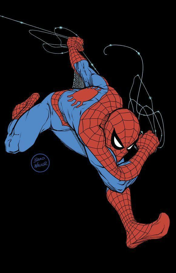 this is an illustration of spiderman in a dynamic pose, swinging through the air. he is wearing his iconic red and blue costume, and his webshooters are firing off webs. the background is black, which contrasts with the bright colors of spiderman's suit. the image is a classic representation of spiderman, capturing his agility and power. it is an excellent example of comic book art.