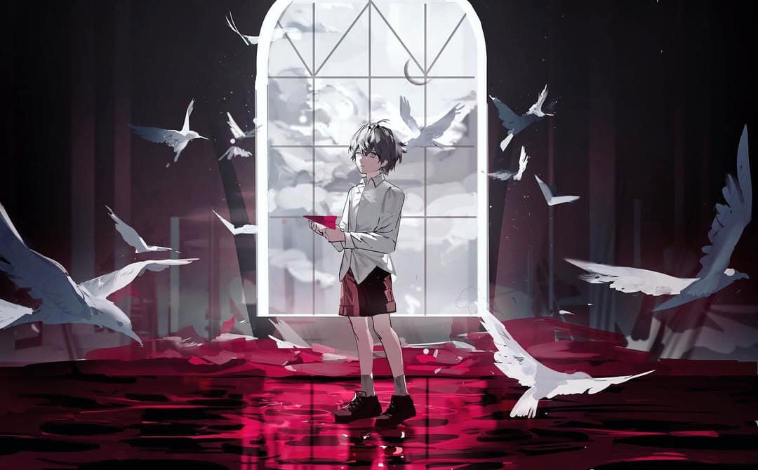 the image is a digital painting or illustration in an anime style. it depicts a young boy with short dark hair, standing alone in a dark room with a large arched window behind him. he is holding a red paper airplane.  the floor appears to be covered in a red liquid, possibly blood or water, which reflects the boy and the room.  many white birds, possibly doves or pigeons, are flying around him, adding to the melancholic atmosphere. the overall mood is somber, suggestive of sadness, loss, or contemplation.  the contrast between the dark room, the red liquid, and the white birds creates a striking visual effect. the setting suggests a gothic or fantasy atmosphere.