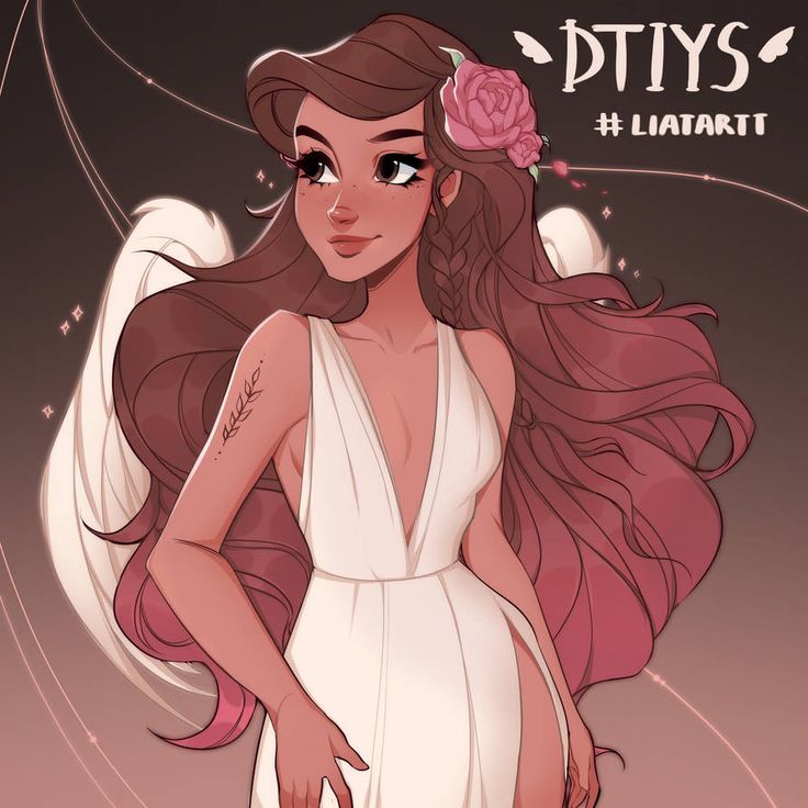 this is a digital illustration of a cute anime girl. she is wearing a white dress with a deep vneckline. she has long, pink hair with a pink flower in it, and her eyes are a dark brown. she has wings on her back, and is standing in front of a dark background.