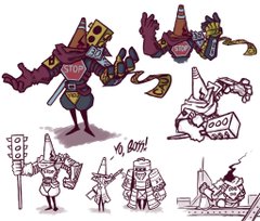 the image showcases a collection of concept sketches featuring an anthropomorphic character seemingly designed around trafficrelated elements. the character is depicted in various poses and outfits, consistently incorporating traffic cones, stop signs, and traffic light components into its design. the style is cartoonish and expressive, employing a warm, earthy color palette. the overall impression is playful and imaginative, suggesting a character intended for a lighthearted setting, potentially involving themes of traffic or urban environments.