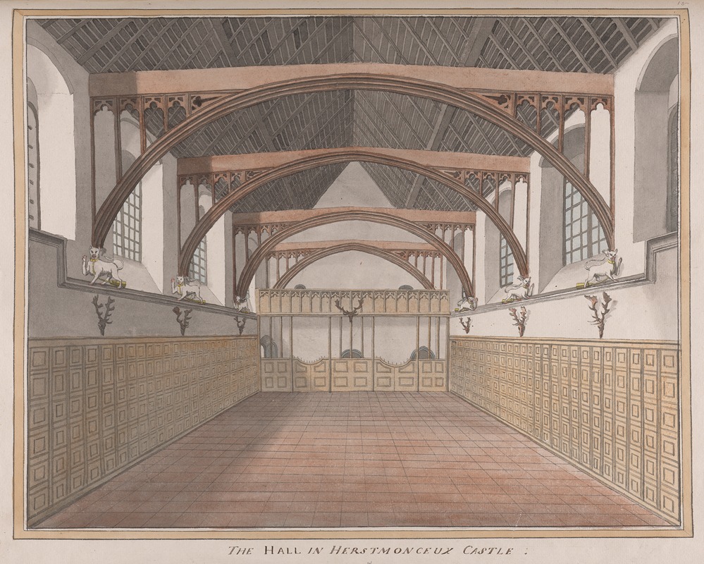 the image depicts an interior view of "the hall in herstmonceux castle." it is an illustration, possibly a drawing or painting. the hall features arched wooden beams that support the roof, which appears to be of dark wood. tall, arched windows are visible on the side walls, letting in light. the walls are paneled with rectangular wooden designs up to a certain height, and the floor is made of large, rectangular tiles. decorative elements, such as animal figures and antler mounts, adorn the walls at the upper level. the composition emphasizes the depth and size of the hall, showcasing its architectural features and historical character.