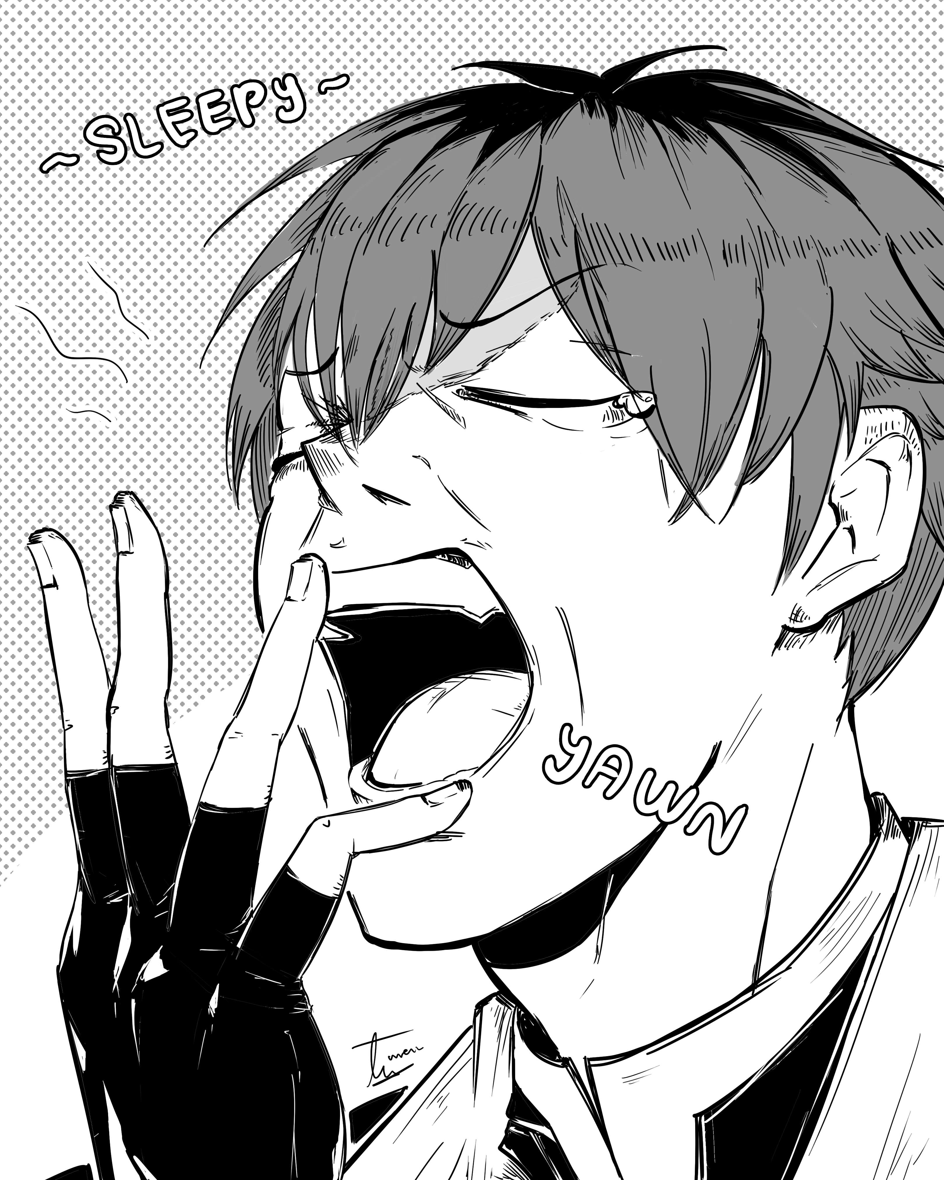 a black and white drawing of a young anime boy yawning with his hand covering his mouth. the caption above his head reads "sleepy" and the word "yawn" is written on his cheek.