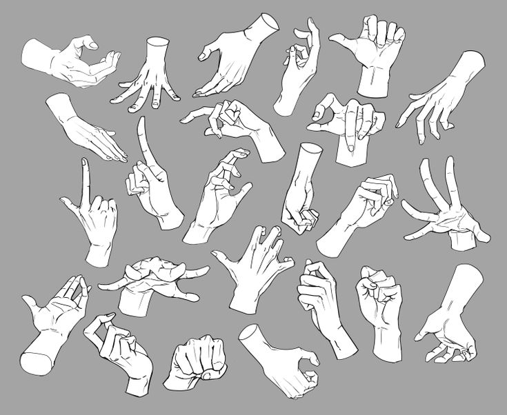 a collection of black and white sketches of hands in a variety of positions and making different gestures. the hands are drawn on a gray background.