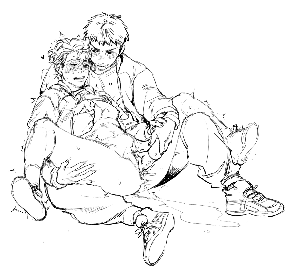 a black and white mangastyle sketch depicts two young men in a sexually suggestive embrace. the top man's face is partially obscured by the bottom man's head and shoulders, implying a moment of intense intimacy, possibly sexual activity.  the figures are drawn with dynamic lines suggesting movement and emotion.  details are somewhat sketchy, allowing for interpretation, but the overall tone is one of intense connection.  the setting is implied to be on the ground, with some shading suggesting a fluid substance. the image is clearly suggestive of sexual activity, thus nsfw.