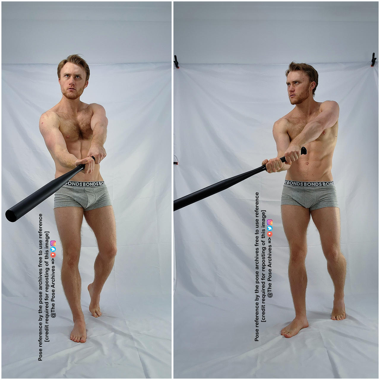 a shirtless, muscular man with short brown hair and an athletic build is shown in two different poses against a plain white backdrop. he is wearing gray underwear and holding a black baseball bat. he is in midswing, demonstrating a powerful stance.  the image appears to be a pose reference, with credit requested for reposting.