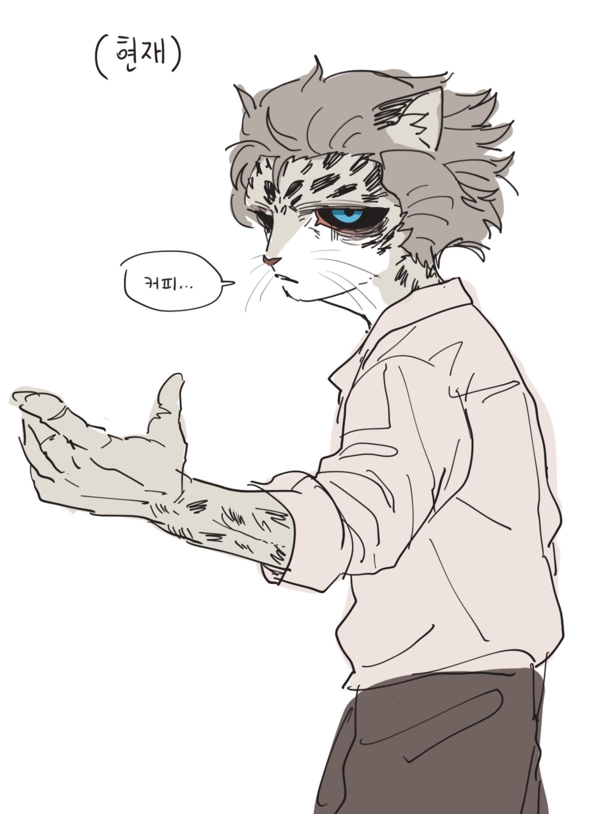 a sketch of a catlike man with blue eyes and a weary expression. he has white fur with black spots and is wearing a white shirt and dark pants. the man is drawn in an anime style, his hand is outstretched, and he looks sad.  there are korean words written above him, and a speech bubble next to his head says "카피.." which translates to "copy..."