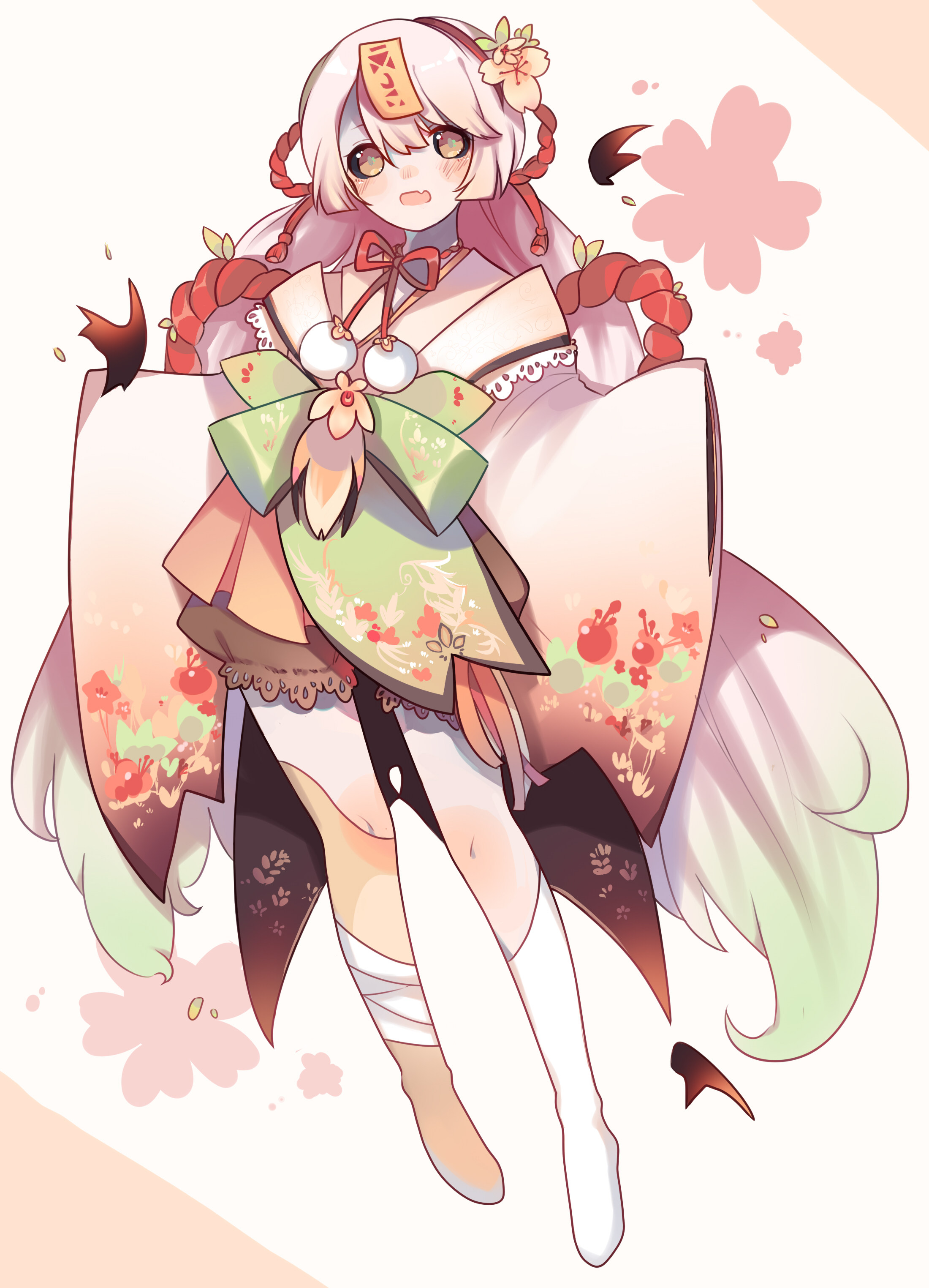 a digital illustration of an anime girl with long white hair wearing a traditional japanese kimono with red and green accents. the kimono has intricate details and a large green bow on the front. the girl is smiling and has a soft, whimsical expression. the background is a soft pink with white flowers. the artwork has a magical girl aesthetic and is full of charm and sweetness.
