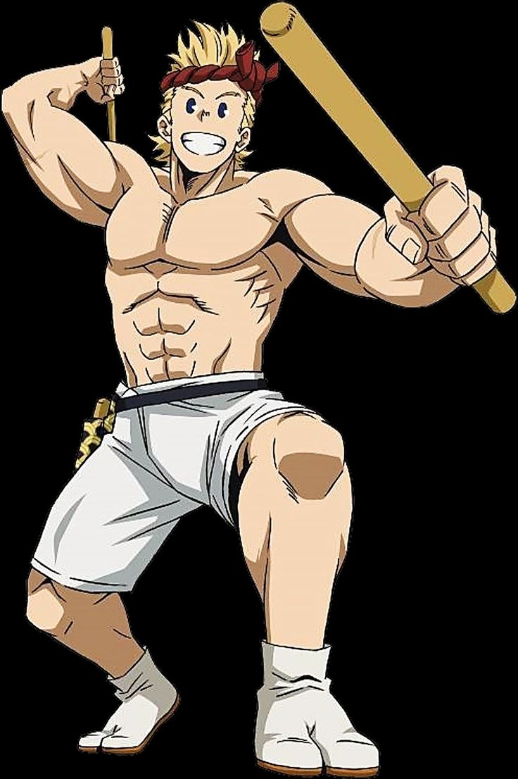 an illustration of a muscular anime character with blonde hair, a white shirt, and white shorts, holding a wooden stick in each hand. the character is in a fighting stance and the background is black. the illustration is in a manga style.