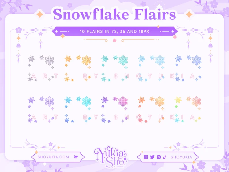 a promotional image showcasing 10 different pastelcolored snowflake flairs.  they are displayed in two rows, each with five variations in different colors. the flairs are advertised as being available in three sizes: 72, 36, and 18 pixels. the image also features a website address, social media handles, and the creator's logo, "yukia's sho."