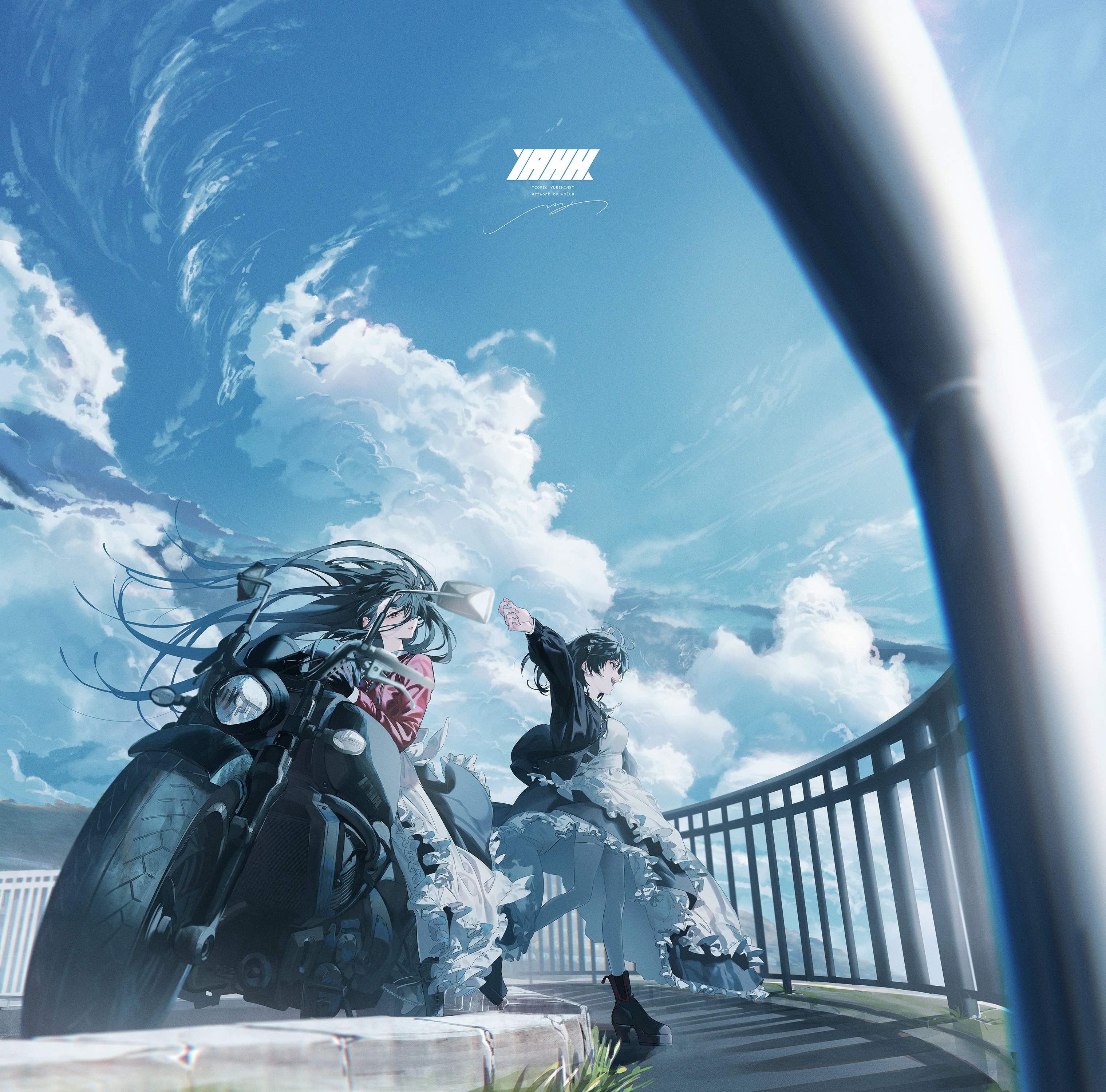 two anime girls standing by a motorcycle. one girl is dressed in black and white and the other is dressed in red and black.  the motorcycle is in the front of the girls with only the front tire visible. the girls are standing on a road with a railing and a white fence in the background. the sky is blue and there are clouds in the sky.