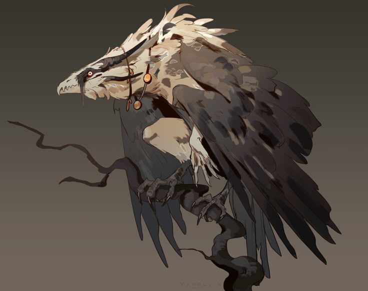 the image depicts a fantastical bird creature perched on a branch. it has a vulturelike appearance with a skulllike head, white and gray plumage, and sharp claws. the creature wears beaded jewelry around its neck. the overall style is artistic and illustrative, with a slightly dark and grayscale color palette. the image appears to be a digital art piece.