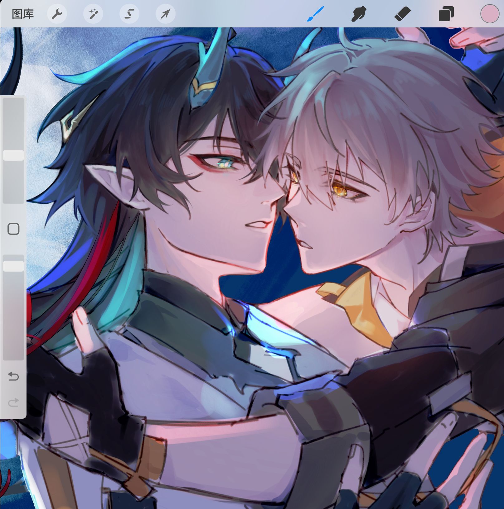 the image shows two anime boys, one with black hair and the other with white hair, embracing each other. the boy with black hair is holding the boy with white hair close. they are both smiling, and they appear to be happy and in love. the image is beautifully drawn and colored, with a soft and romantic feel.