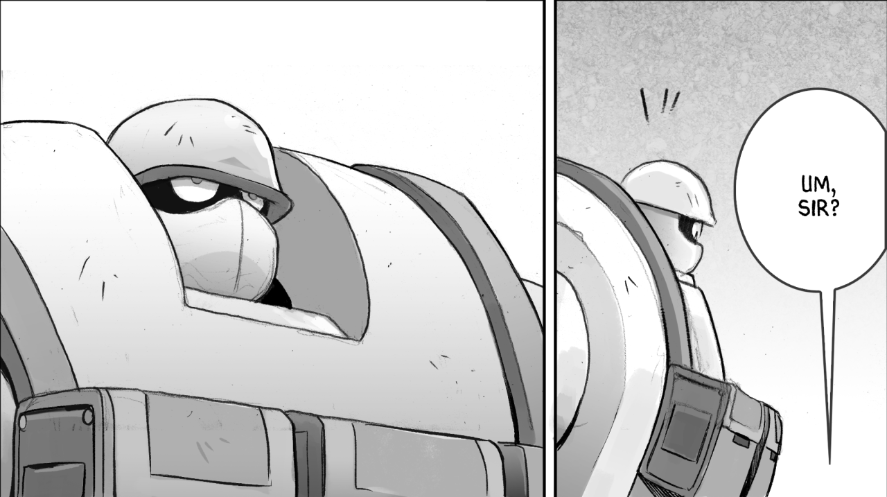 a twopanel black and white comic strip shows a soldier in a military vehicle, possibly a tank. in the first panel, only the back of the soldier's helmet is visible as they peer out of a small opening. the second panel shows another soldier, also wearing a helmet, standing outside the vehicle and looking surprised. a speech bubble above the second soldier reads, "um, sir?"