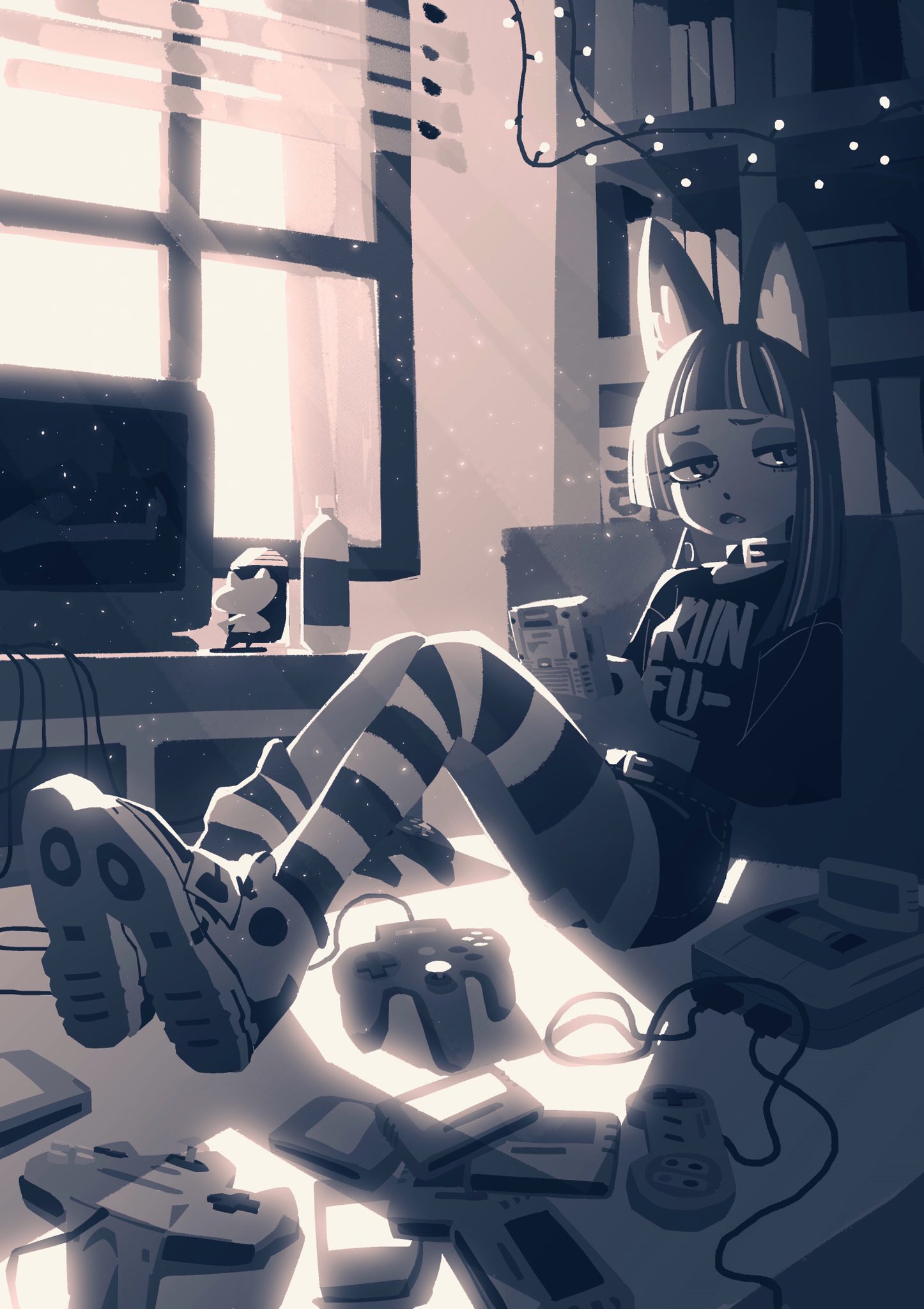 a girl sits in a beam of sunlight on her bed. she is surrounded by game consoles and cartridges and is holding a game in her hands. her room is decorated with string lights. she is wearing a black tshirt, black choker, striped leggings, and platform boots. she has animal ears on top of her head.