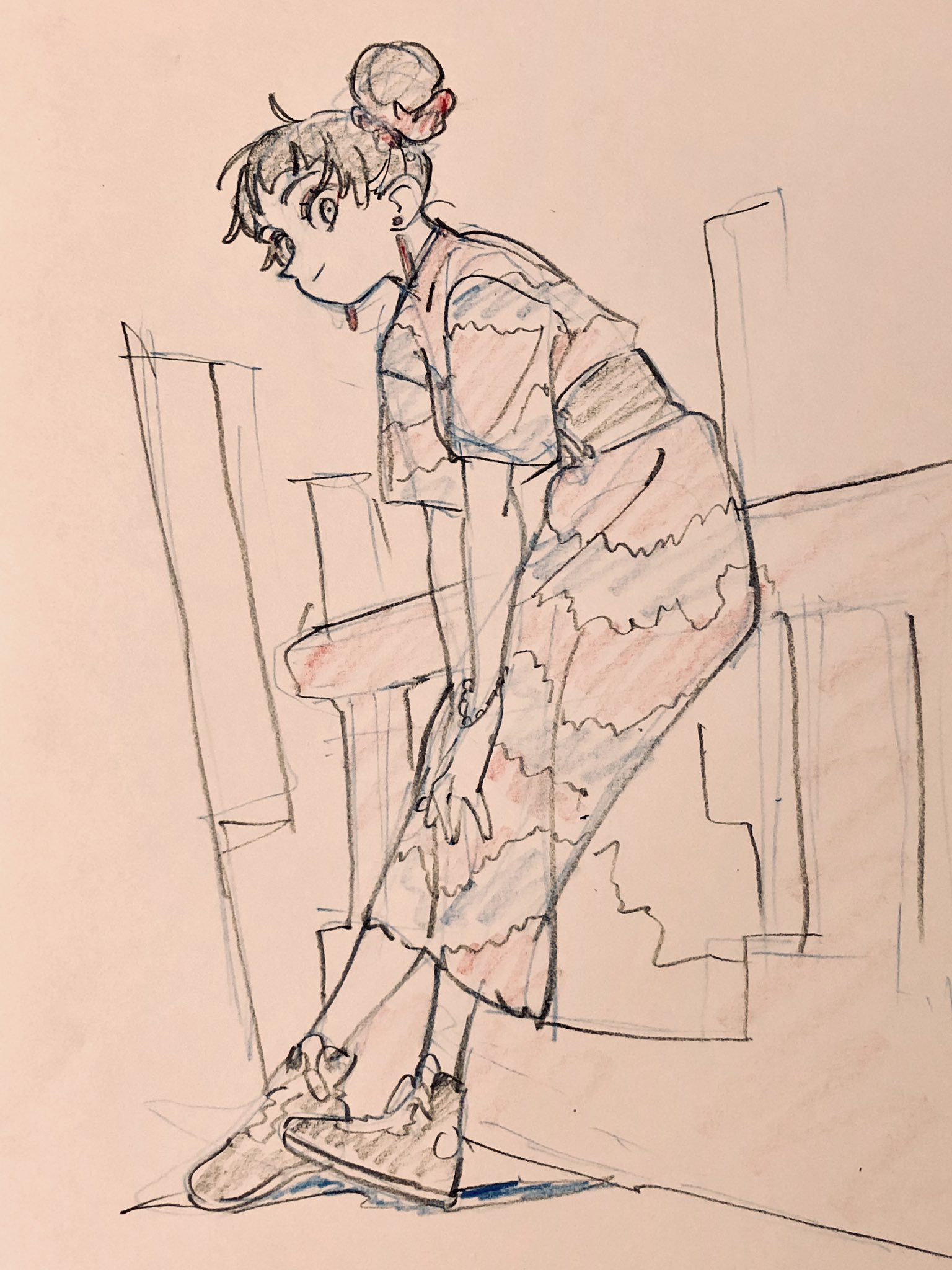the image is a loose and expressive sketch of a young woman leaning against a railing, likely in an urban setting.  she's drawn with a lively energy, captured in her tilted head and relaxed posture. her outfit seems to blend modern and traditional elements, featuring a patterned top and skirt with sneakers. the linework is confident and the use of colored pencils adds a touch of vibrancy. the background suggests a cityscape, adding to the overall sense of urban chic.