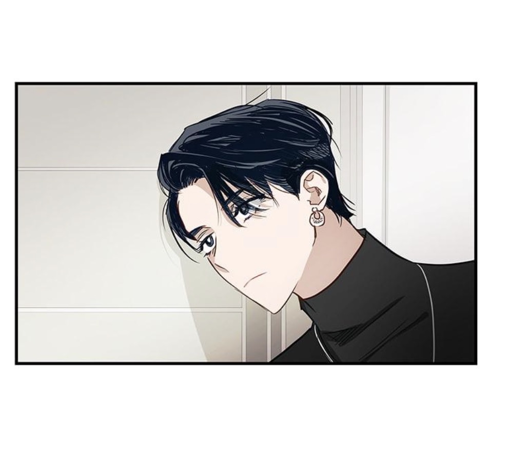 the image is a closeup panel from a manhwa (korean comic) or similar graphic novel. it features a young man with dark, styled hair, wearing a dark turtleneck. his expression is serious and somewhat pensive. the art style is clean and detailed, with dramatic lighting and shading to emphasize the character's features and mood. the background is simple and nondescript, focusing attention on the character.  the overall aesthetic is stylish and slightly dramatic.