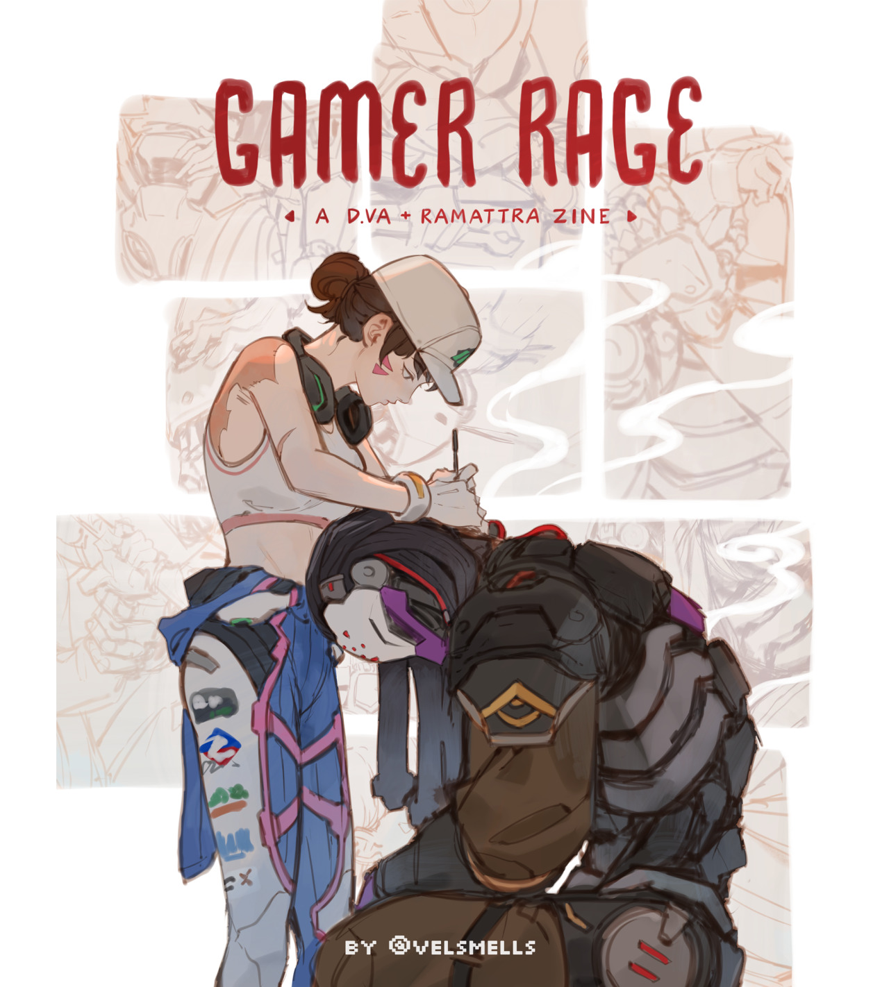 the image is a fan art illustration titled "gamer rage", a zine featuring d.va and ramattra from the video game overwatch. it shows d.va, a female character with a cap, headphones, and a tank top, standing next to ramattra, a roboticlooking character with a mask. the style is reminiscent of art for a fanzine, with light shading and a science fiction theme.