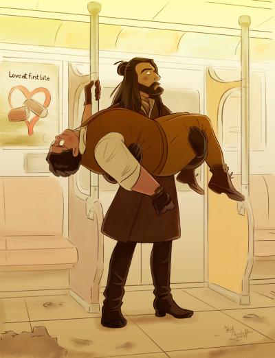 Nandor the Relentless holds his familiar Guillermo as he rides on the subway, while Guillermo holds the subway pole
