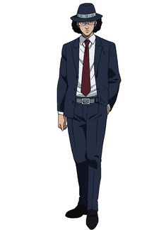a man in a blue suit, red tie, and fedora hat stands against a white background. he is wearing glasses and has a serious expression on his face.