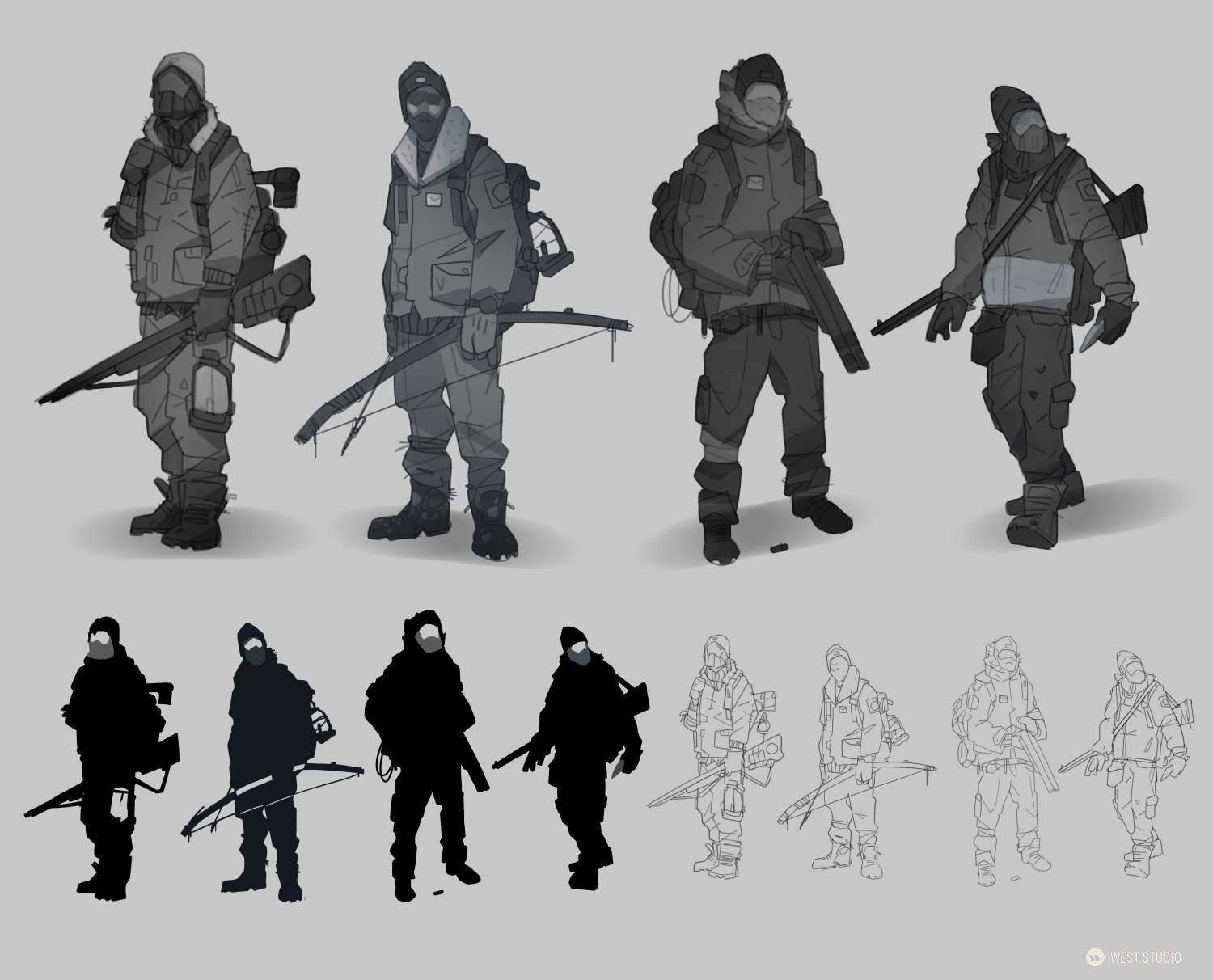 this image showcases character design concepts for a postapocalyptic setting.  four variations of a male figure are presented, each outfitted in heavy winter clothing and carrying survival gear. weapons include crossbows, bows and arrows. the figures are shown in full color, silhouette, grayscale, and line art, offering a comprehensive view of the design choices.