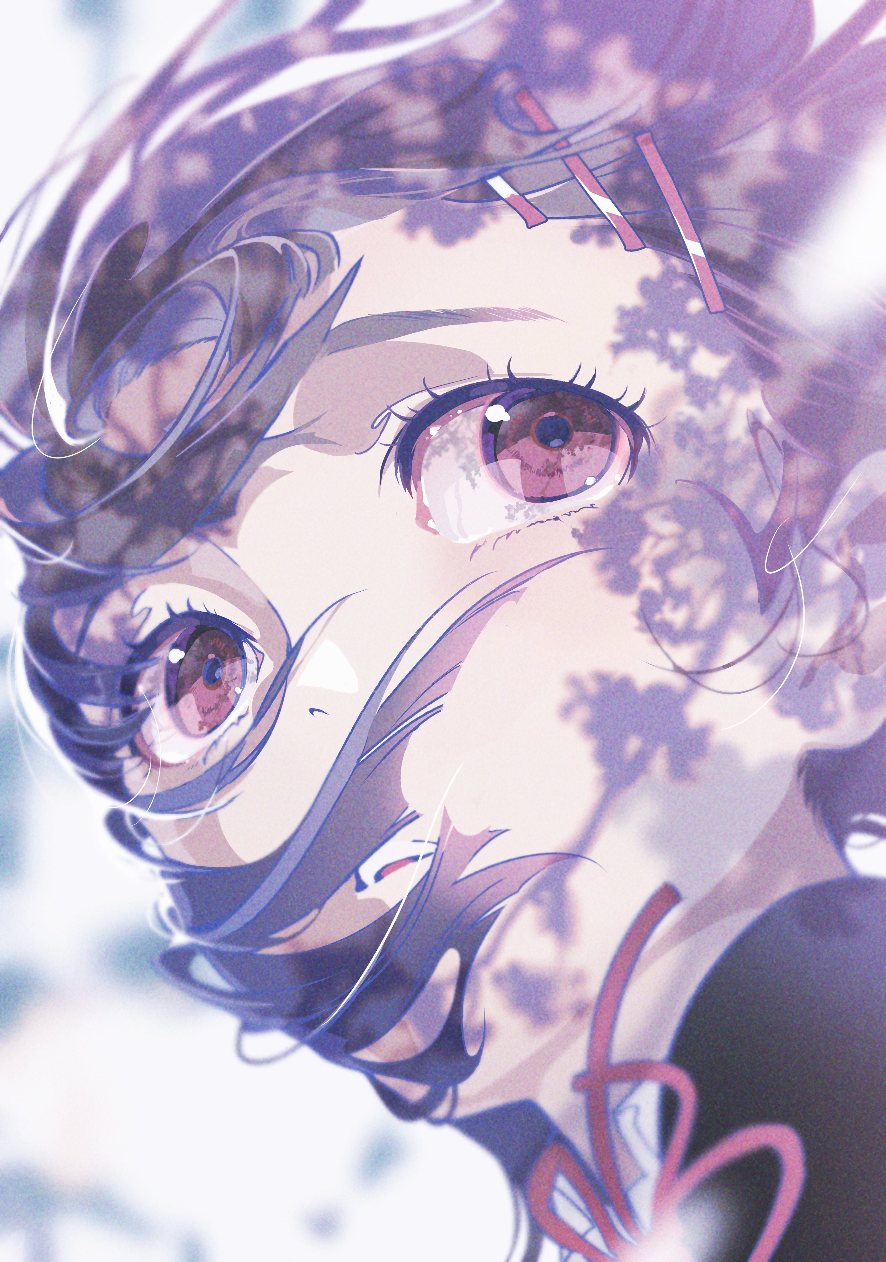 a closeup portrait of an anime girl with purple hair, pink eyes, and a light blue and white background. she looks upwards with a determined expression. her eyes are surrounded by pink and white highlights, and the background is filled with soft light. the girl's hair is flowing in the wind, and there are flowerlike shadows on her face. the overall mood is one of hope and strength.