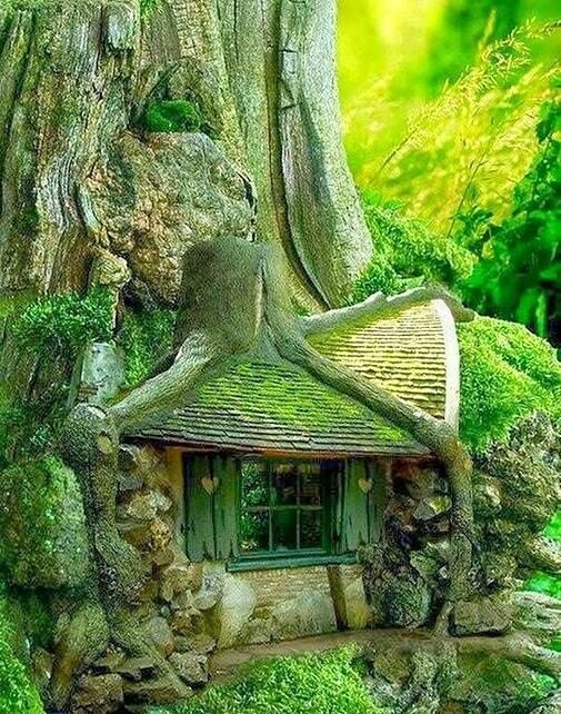 this is a whimsical photograph of a treehouse built into the side of a very large tree. the roof is covered in moss, and the walls are made of stone. the windows are small and rectangular, and they have green shutters. the treehouse is surrounded by lush green foliage, and the lighting is soft and natural.