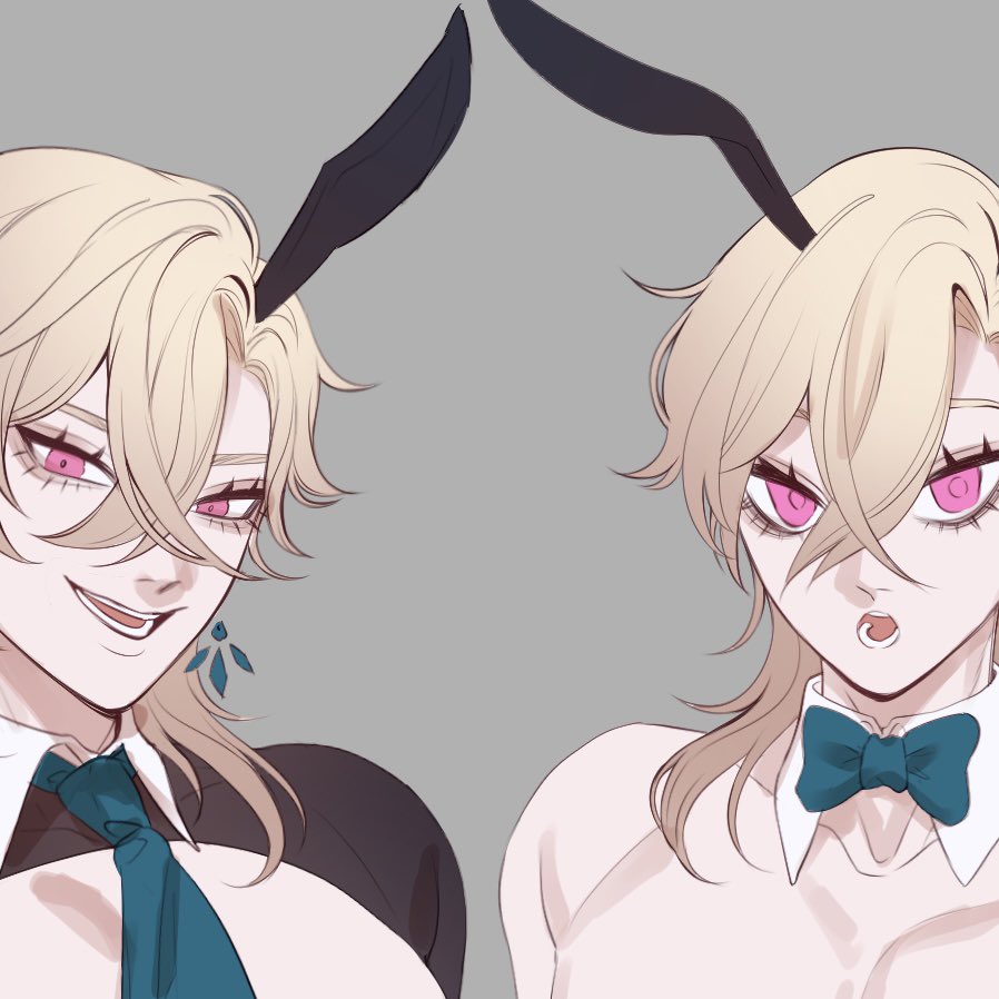 this is a digital illustration of an anime character. there are two versions of the character: one with a dark complexion and a mischievous grin, and one with a light complexion and a sad frown. both characters have blonde hair, pink eyes, and bunny ears. the darkcomplexioned character wears a black suit, while the lightcomplexioned character wears a white shirt with a bow tie. the two characters are placed sidebyside, creating a stark contrast in their moods and appearances. the contrast between the characters makes the illustration interesting and visually appealing.