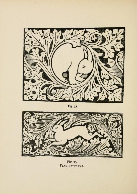 he image shows two black and white illustrations of rabbits within stylized floral designs.  the top illustration (fig. 32) depicts a rabbit sitting within a circular frame of leaves and swirling vines.  the bottom illustration (fig. 33) shows a rabbit leaping through a similar leafy design. both illustrations are labeled "flat patterns." the style is reminiscent of art nouveau or a similar decorative style. the illustrations are presented as examples of design patterns.