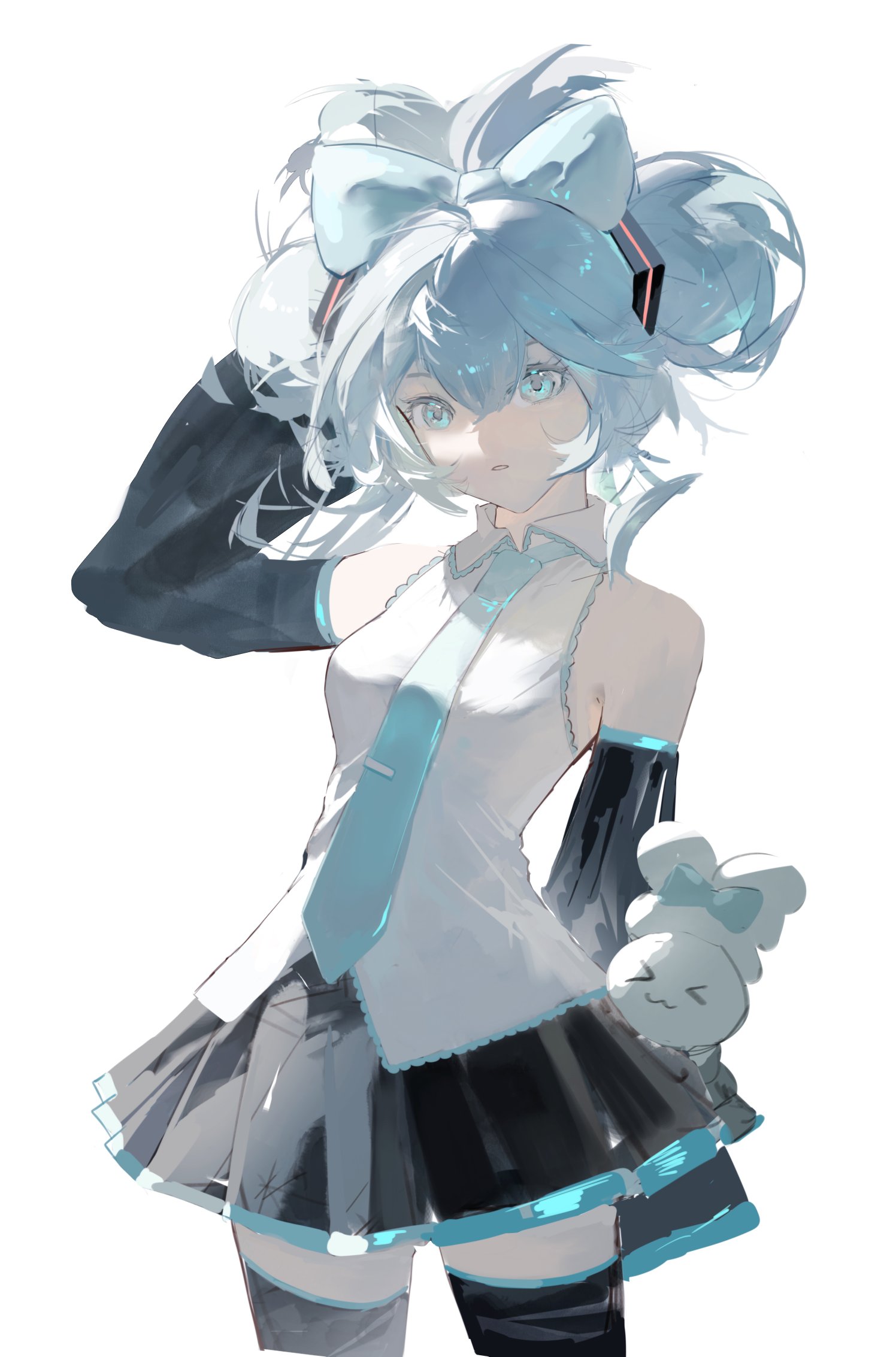 he image is a digital painting of an anime girl. she has long, twintailed blue hair with a large blue bow. she's wearing a white shirt, a blue tie, a black pleated skirt, and black stockings. she has a small, white bunny plush toy tucked under her arm. the style is somewhat painterly, with visible brushstrokes and a soft focus. the background is white, with a slight suggestion of light.