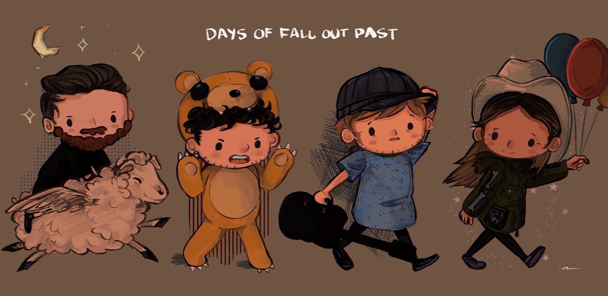 this is a colorful cartoon illustration of the band fall out boy with each member dressed up in fun costumes. pete wentz is dressed in a brown bear costume. patrick stump is dressed in a black shirt and riding a sheep with wings. andy hurley is wearing a cowboy hat. joe trohman is wearing a blue dress. the background is brown and has a starry night sky feel.