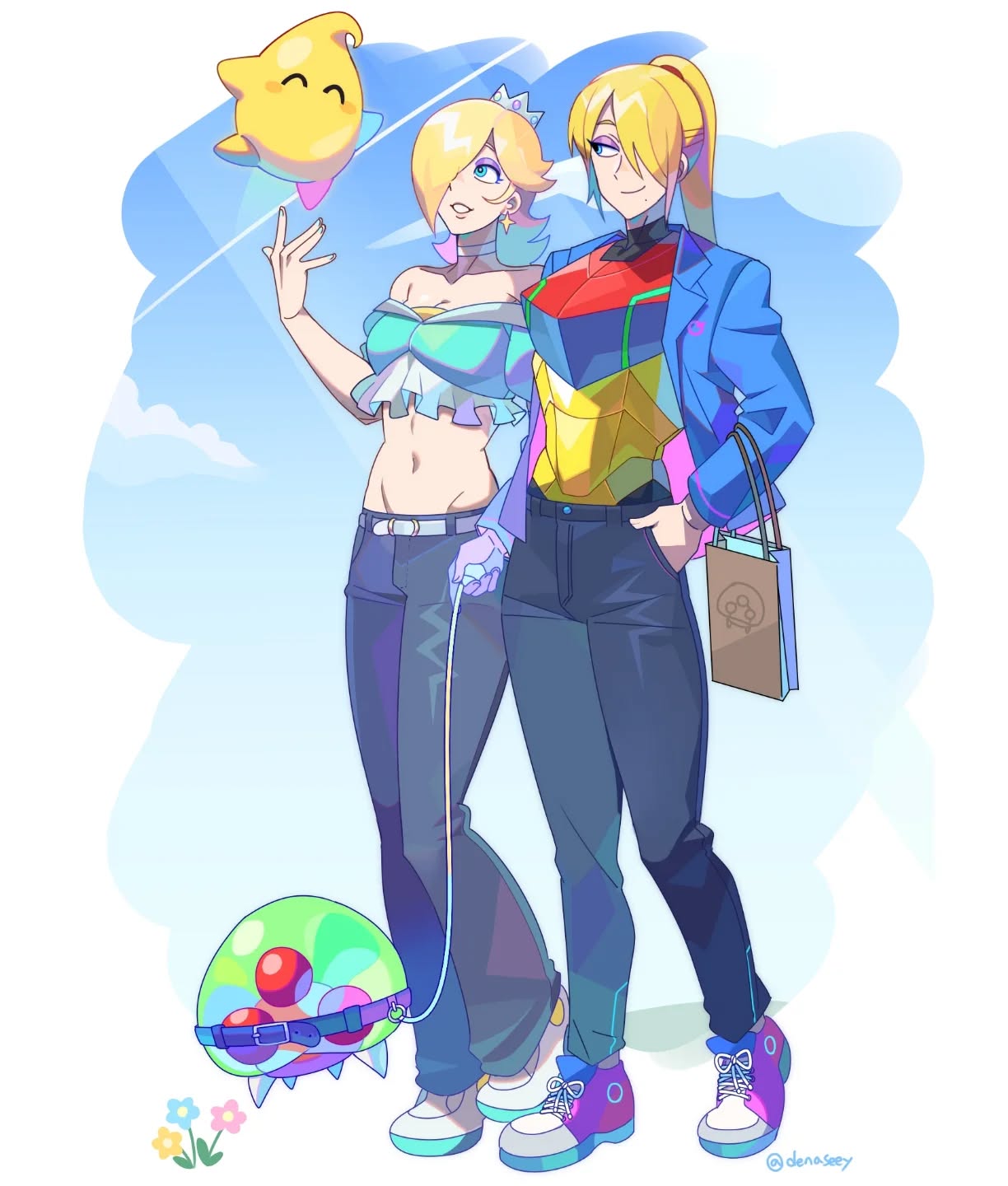 the image is a vibrant, animestyle digital illustration featuring rosalina from the super mario series and pauline,  a character also seen in the mario games. they are depicted in a casual, fashionable style. rosalina is wearing a pastelcolored crop top and flared pants, and she's holding a luma (a starshaped creature from the mario games) on a string. pauline is wearing stylish streetwear, including a blue blazer and highwaisted pants.  both characters appear friendly and are walking, perhaps shopping, together. a small, colorful creature similar to a kirby enemy is walking on a leash behind them. the background is a soft, pastel blue sky. the overall style is playful and cheerful.