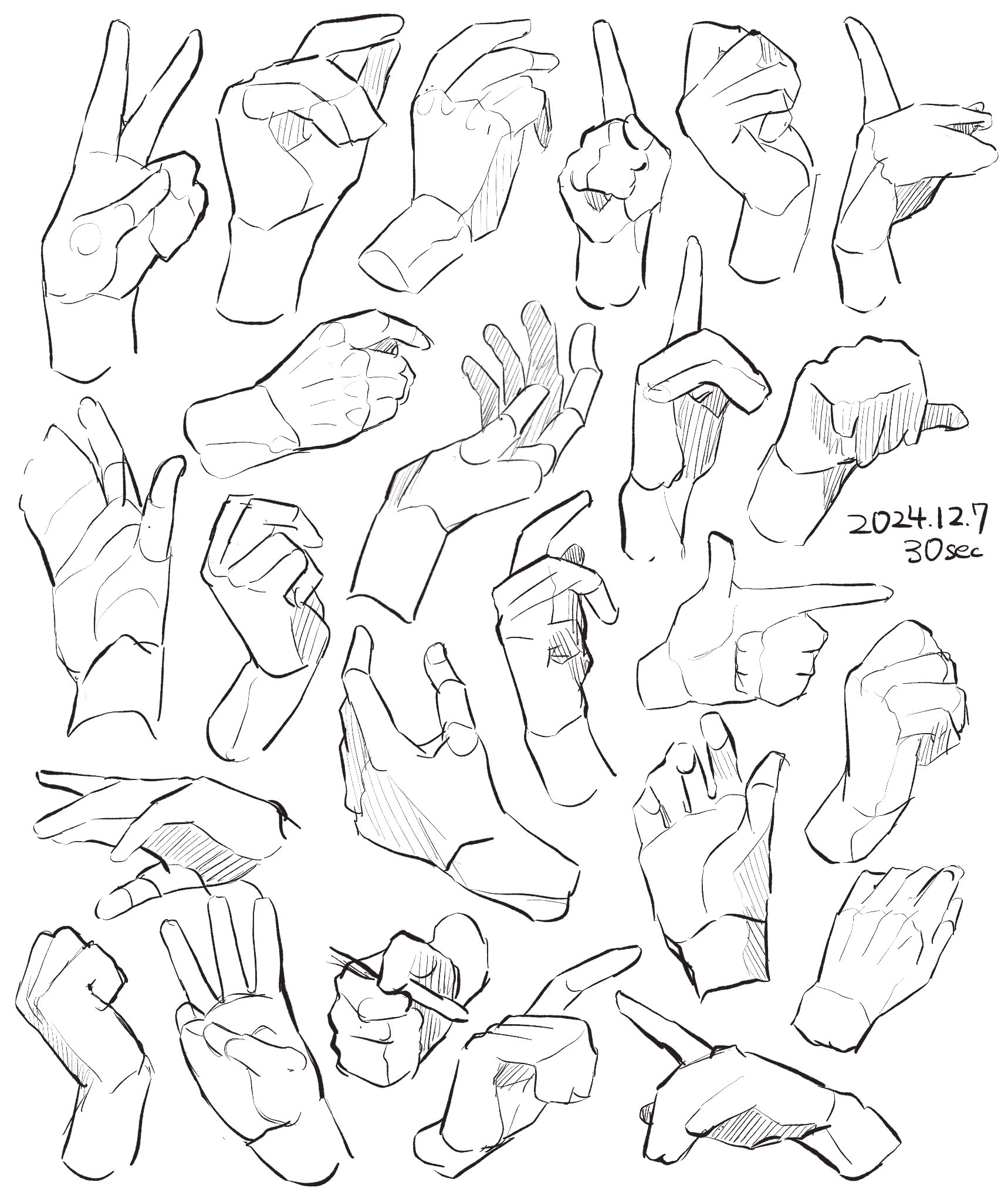 the image contains a collection of hand drawings, showcasing various poses and gestures. the sketches are done in a loose, quick style, with emphasis on capturing the essence of movement and form.  the style is consistent throughout, suggesting they were created in a short time frame (as indicated by "30sec" on the image).  the drawings are primarily linebased, without heavy shading or detail. they're ideal for use as reference material for artists working on figure drawing or animation.