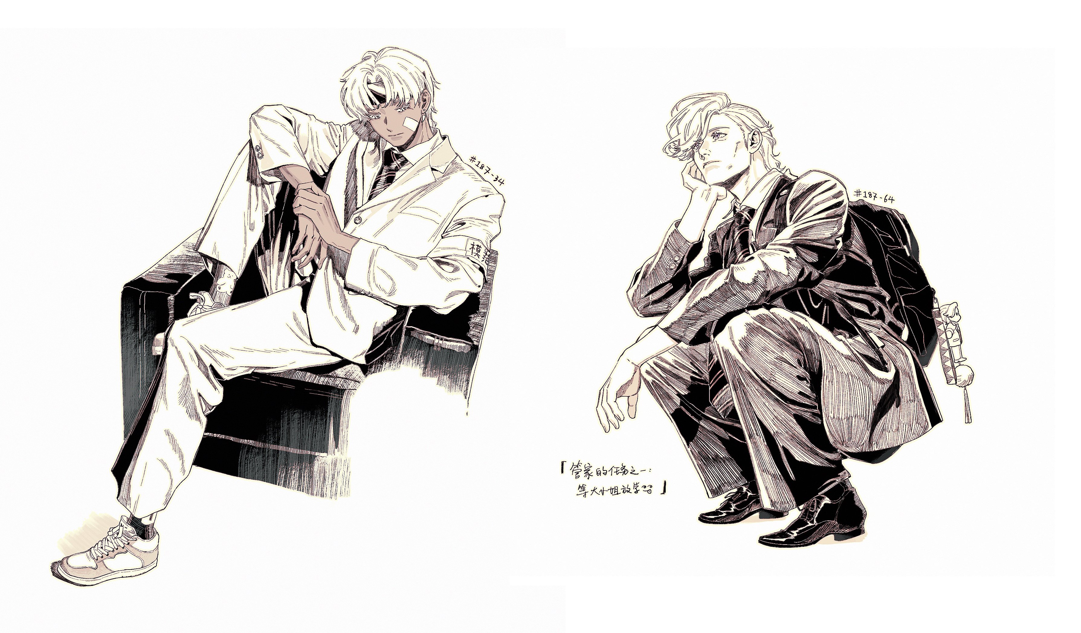 this is a drawing of two anime men. one is sitting in a chair, looking bored while wearing a white suit and shoes. the other is sitting on the floor, looking thoughtful while wearing a black suit and shoes. the drawing is in a sketchy style, with lots of lines and shading. the background is white and simple. the man on the left has a piece of tape on his face. the man on the right has a backpack on his back. the drawing appears to be inspired by manga or anime art style.